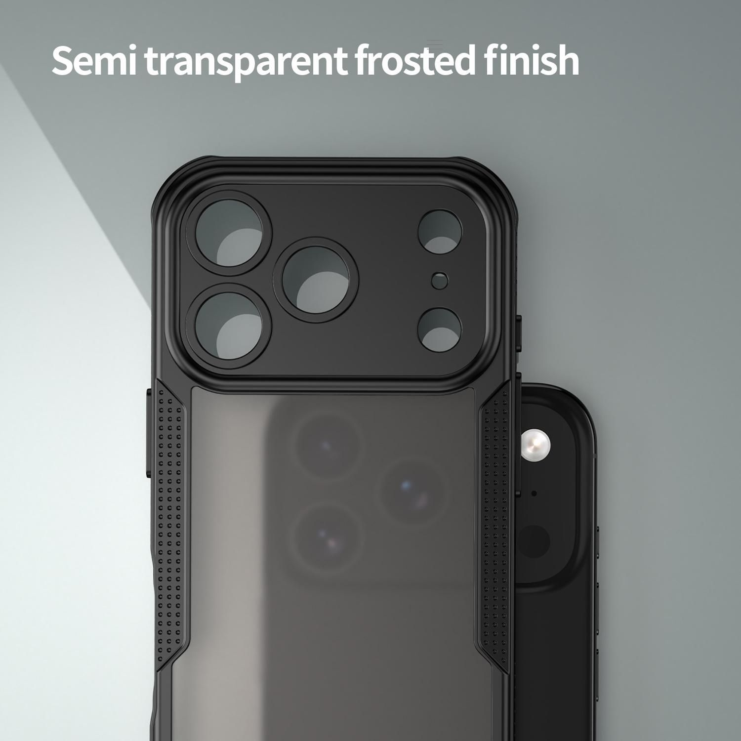 Funda negra para teléfono con acabado esmerilado. Varias aberturas para la cámara. Fondo gris liso con texto 'Semi transparent frosted finish'.