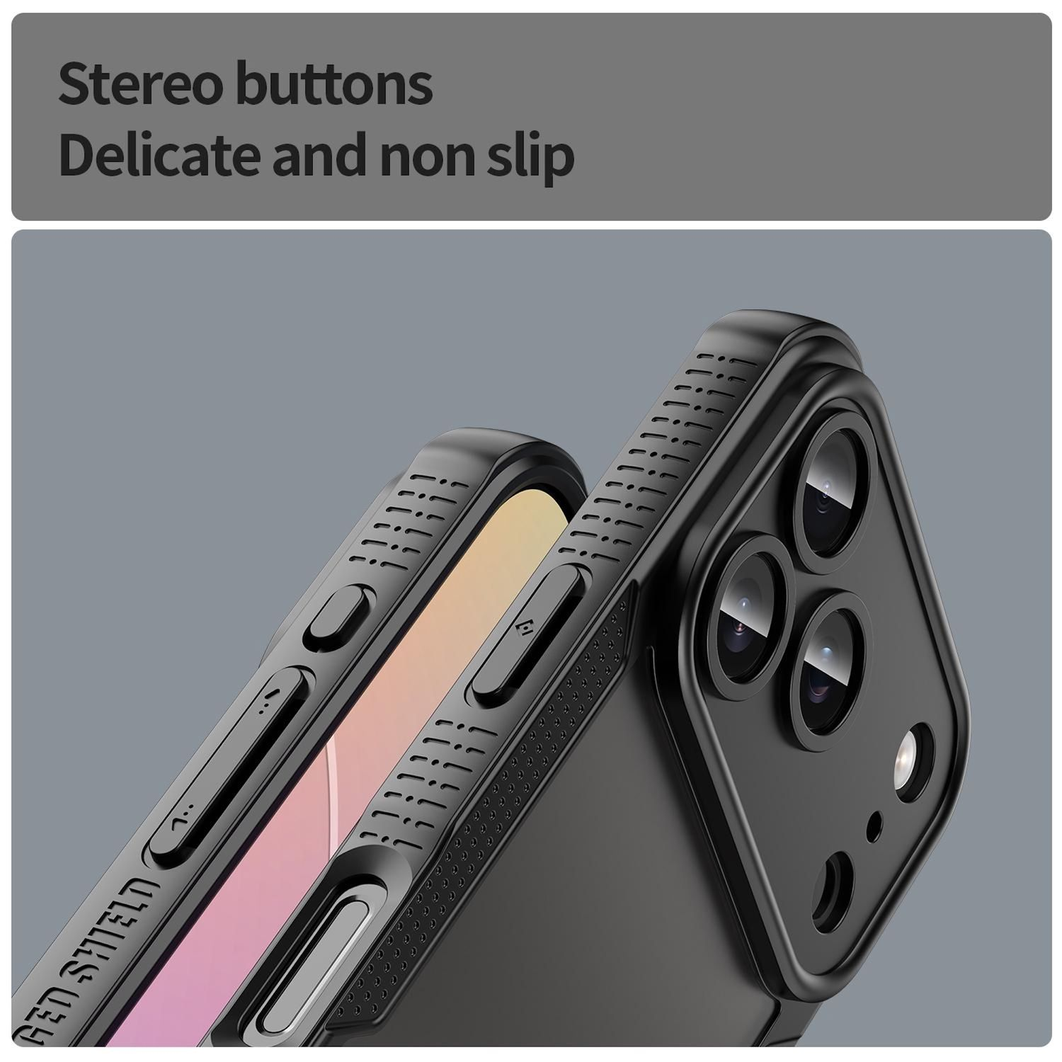 Primer plano de fundas negras para teléfonos con recortes para cámaras. El texto superior dice: 'Botones estéreo. Delicado y antideslizante'.