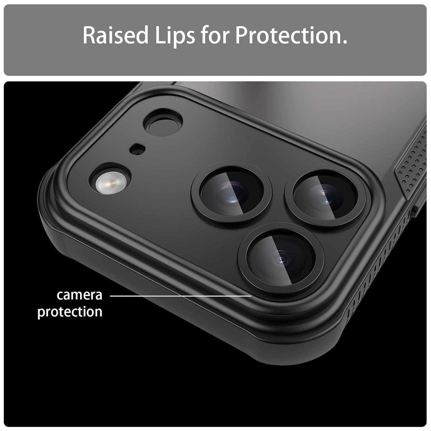 Primer plano de una funda negra con bordes elevados. La funda tiene tres lentes de cámara y un diseño de 'protección de cámara'.