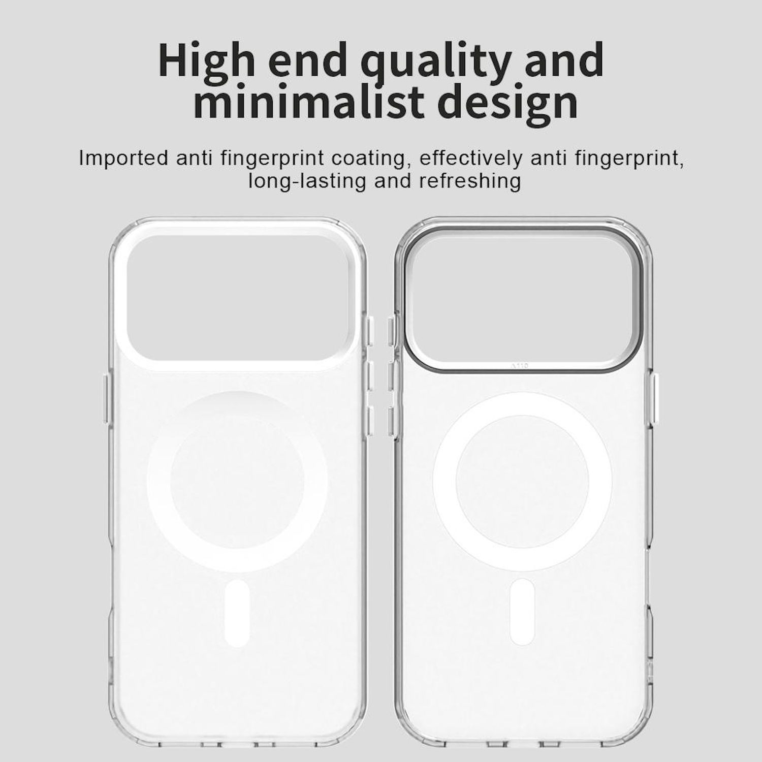 Zwei transparente Telefonhüllen mit minimalistischem Design. Der Text lautet: 'Hochwertiges und minimalistisches Design'.