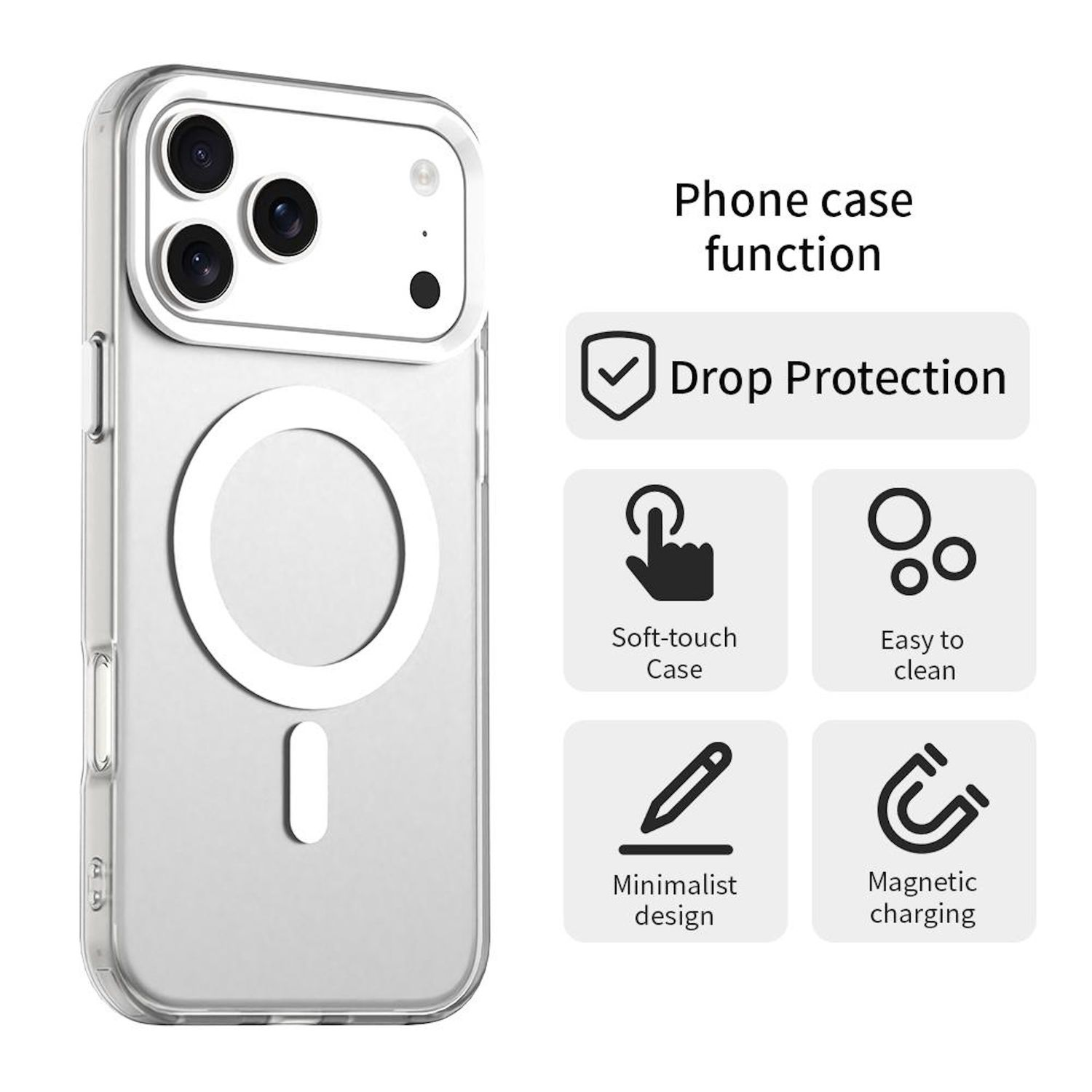 Transparente Handyhülle mit Kameraausschnitten, Eigenschaften: Fallschutz, Soft-Touch, leicht zu reinigen, minimalistisches Design, magnetisches Laden.