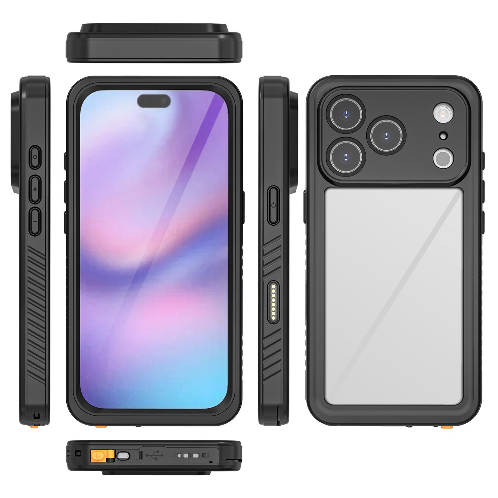 Eine schwarze Handyhülle mit transparentem Rücken, die verschiedene Winkel zeigt. Knöpfe und Kamera sind sichtbar.
