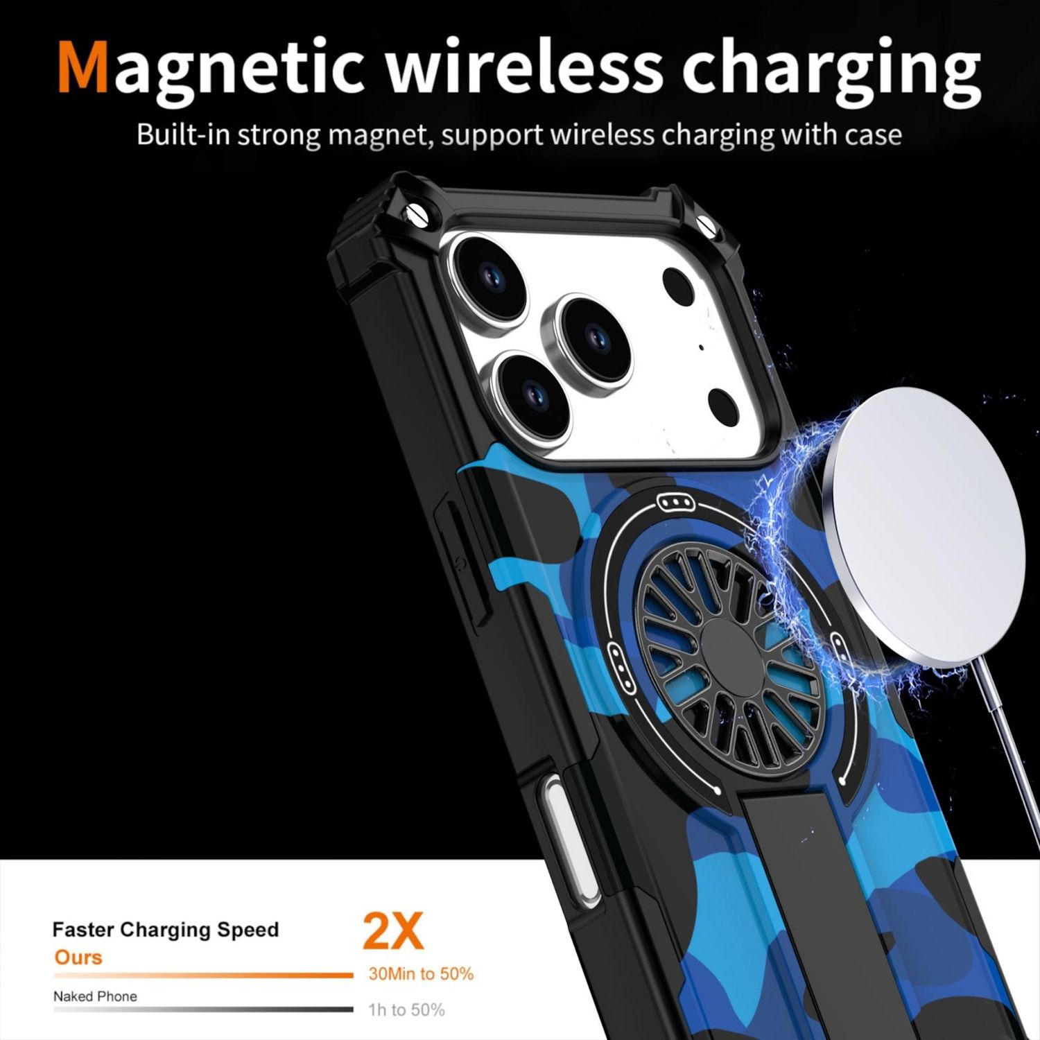 Ein Handycase im Camouflage-Design wird kabellos aufgeladen. Das Bild zeigt die magnetische Ladefunktion und die schnellere Ladegeschwindigkeit.