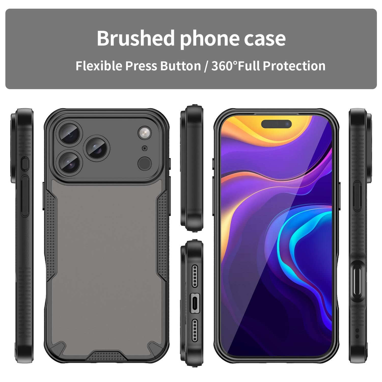 Una funda de teléfono en múltiples vistas. Es negra con un centro gris. La pantalla muestra un fondo abstracto púrpura y azul.