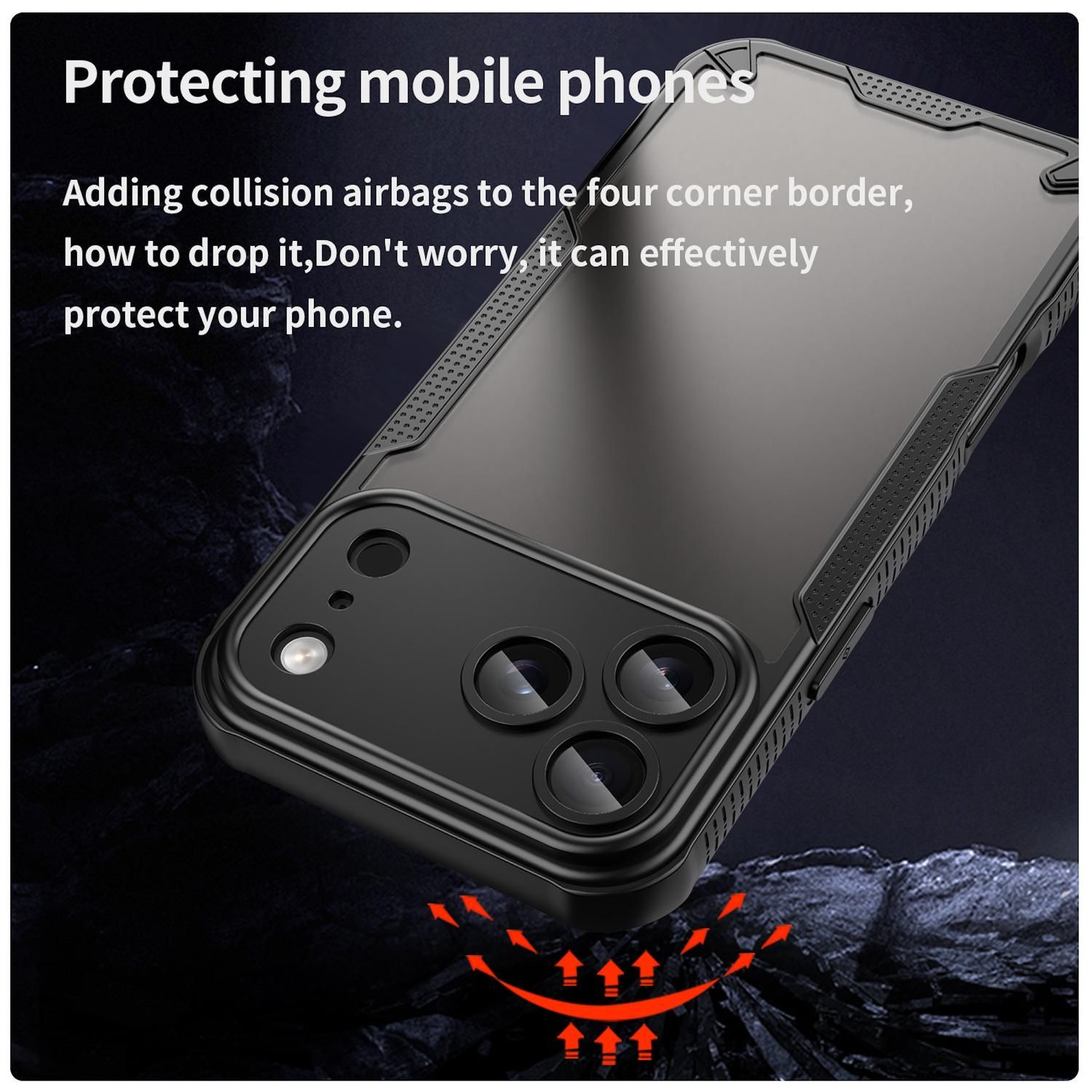 Funda negra para teléfono con agujeros para cámara. Texto: 'Protección de teléfonos móviles' y describe protección.