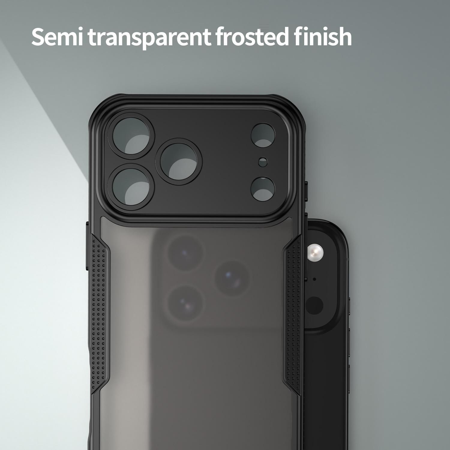 Dos fundas negras para teléfono. Una es semitransparente con acabado esmerilado. La otra es negra sólida.