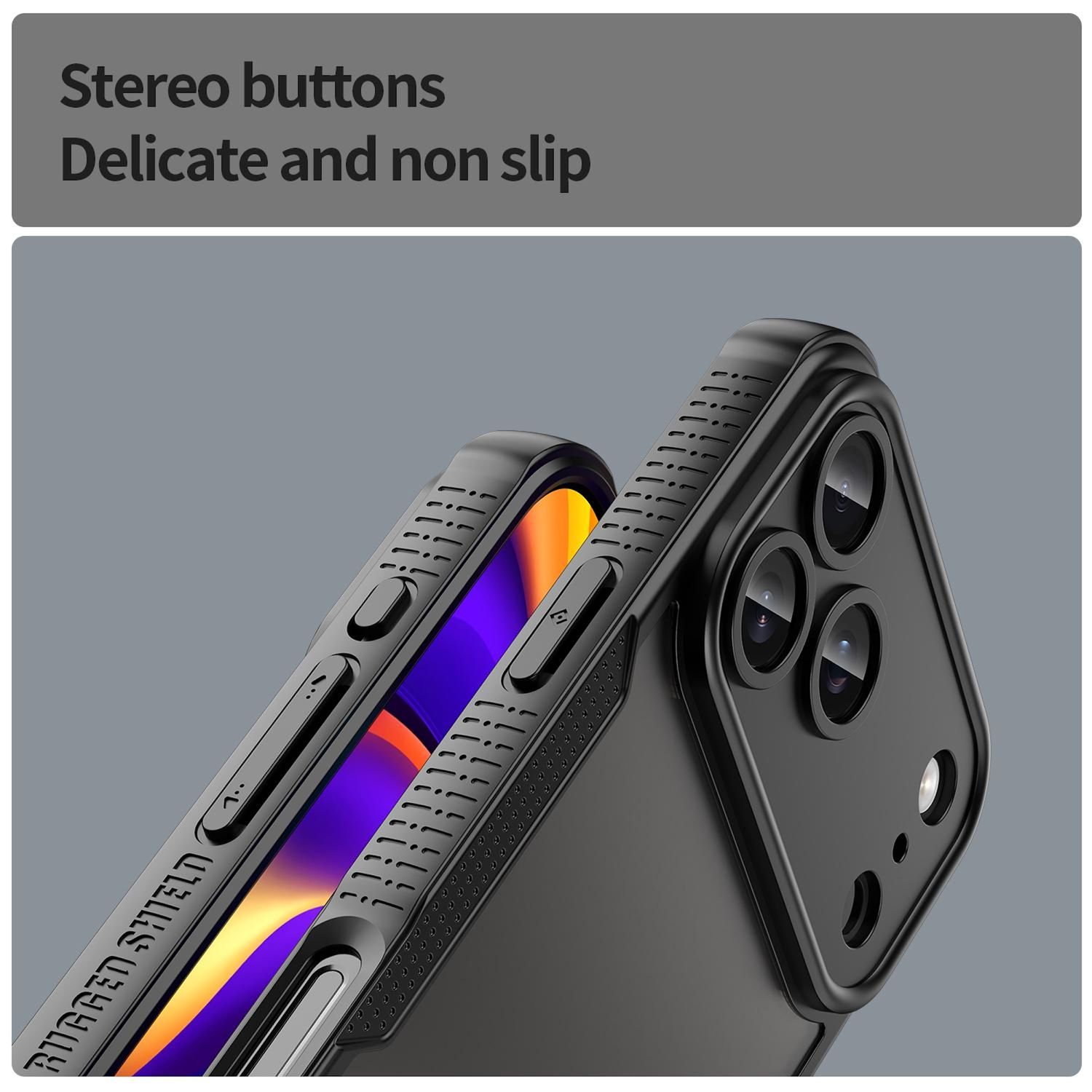 Primer plano de una funda negra para teléfono con múltiples cámaras y botones. La funda dice 'Rugged Shield'.