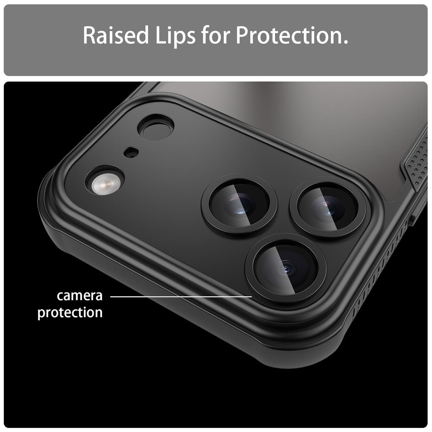 Primer plano de una funda de teléfono negra con bordes elevados para proteger la cámara. Se ven tres lentes de cámara. El fondo es negro.