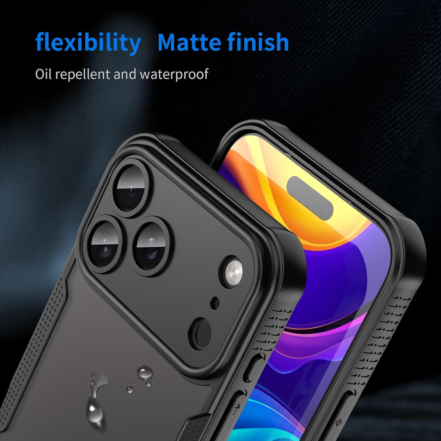 Dos fundas negras para teléfono, una mostrando la pantalla. Texto: flexibilidad, acabado mate. Características: resistente al aceite y al agua.