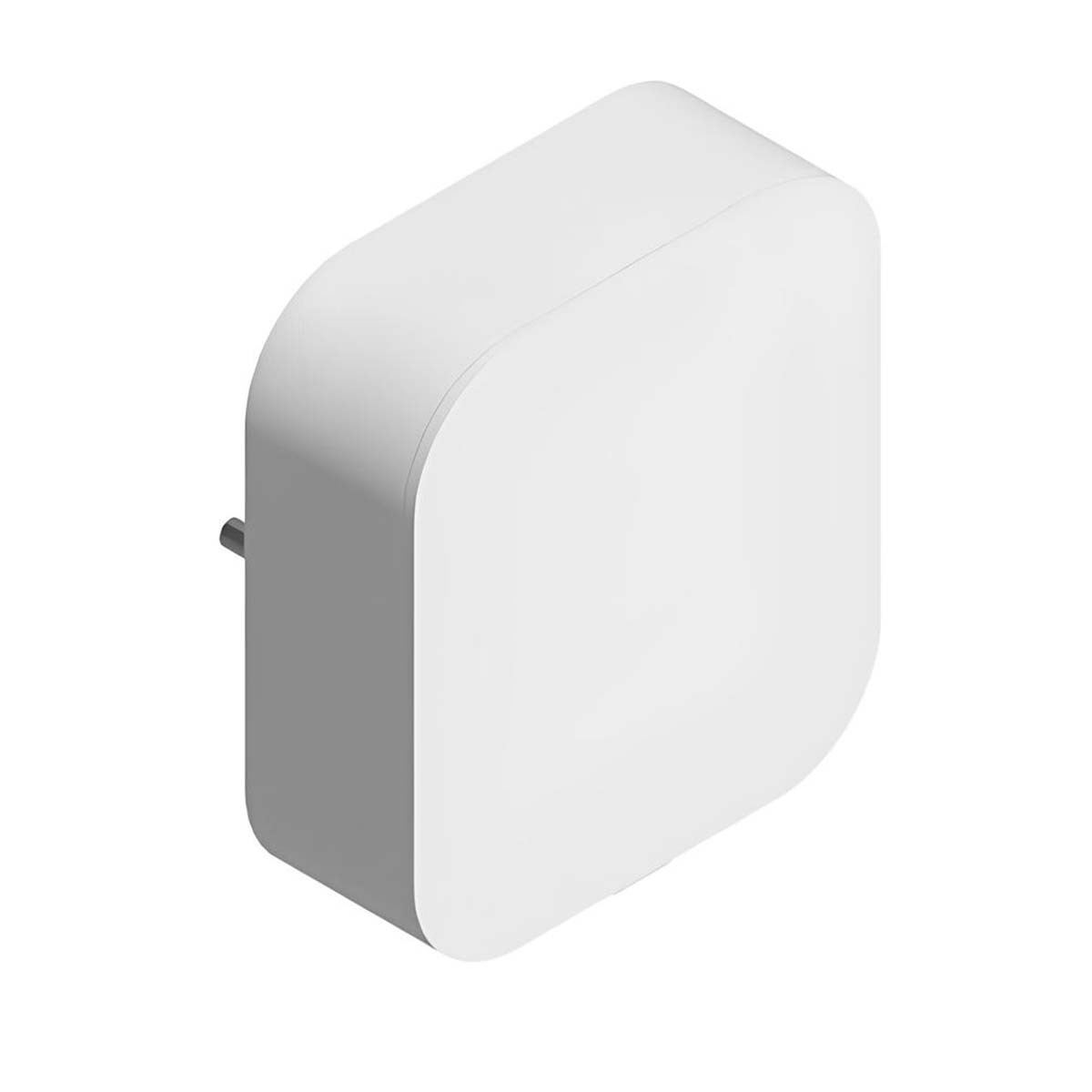 Un dispositivo bianco rettangolare con angoli arrotondati. Un piccolo elemento cilindrico grigio scuro sporge da un lato.