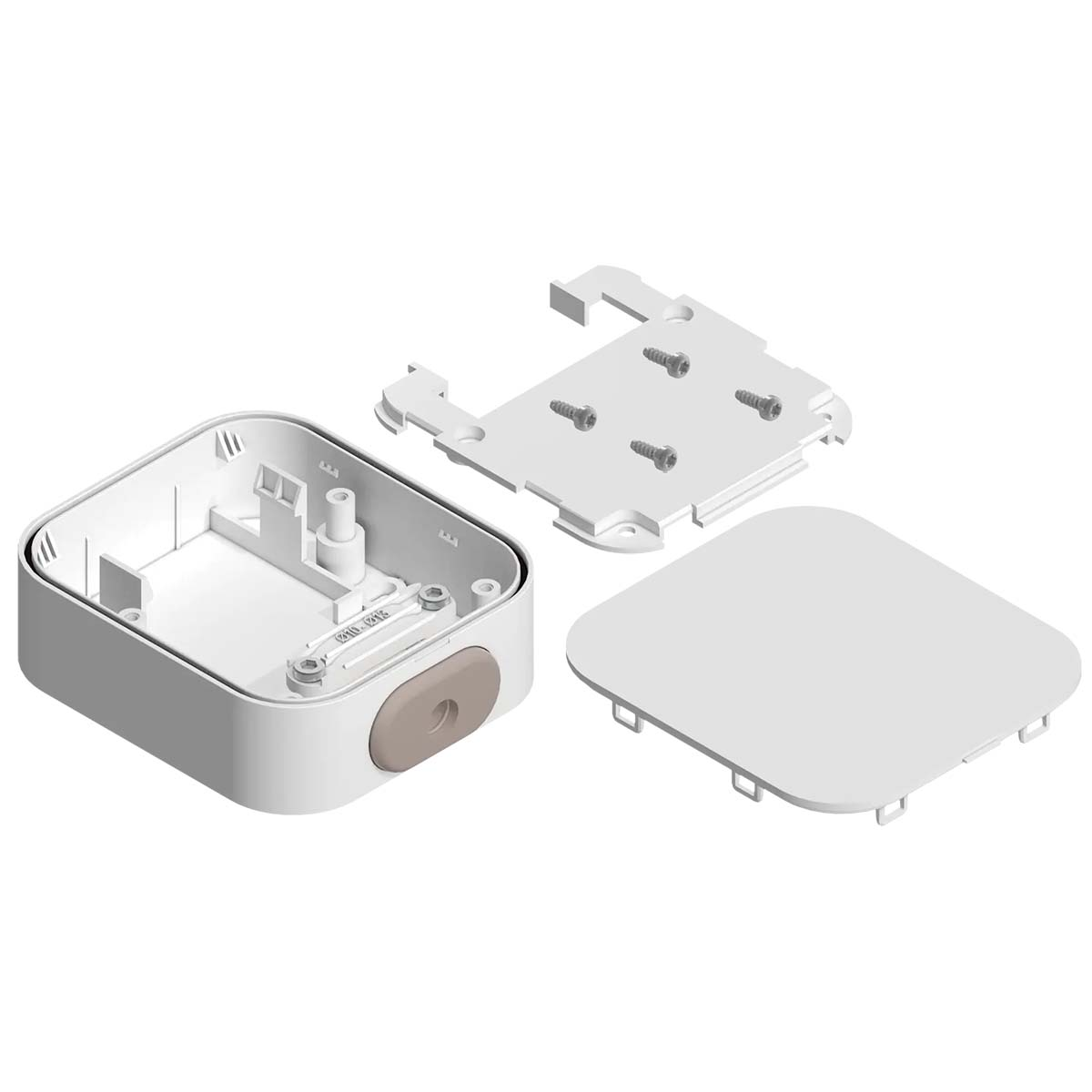 Componenti di dispositivi elettrici bianchi e beige smontati. Include una base, un coperchio, una piastra di montaggio con viti e un pulsante.