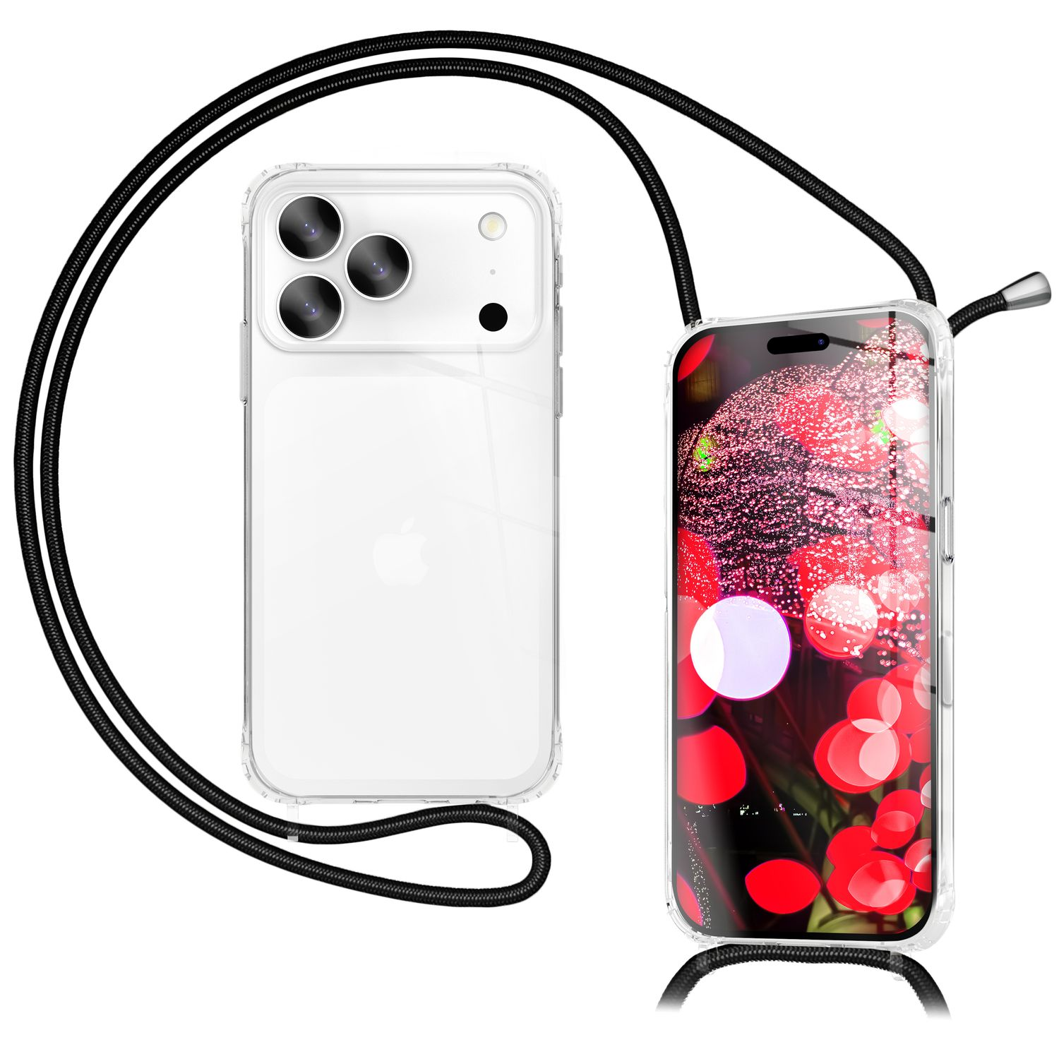 Zwei transparente Handyhüllen mit schwarzem Lanyard. Ein Telefon zeigt rote und weiße Lichter. Das andere ist leer mit Apple-Logo.