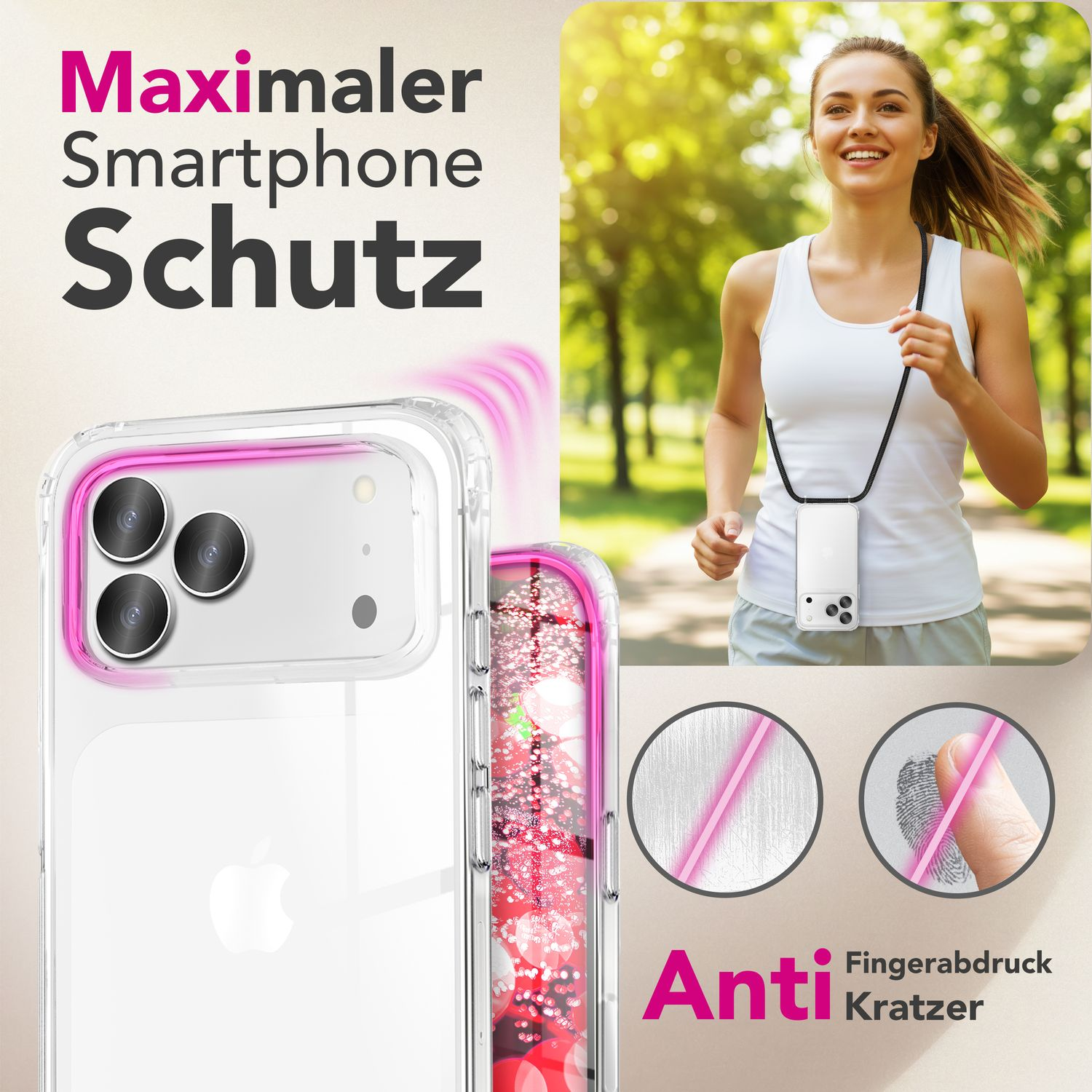 Läuferin, Handyhülle mit rosa Akzenten. Text: Maximaler Smartphone Schutz, Anti Fingerabdruck Kratzer.
