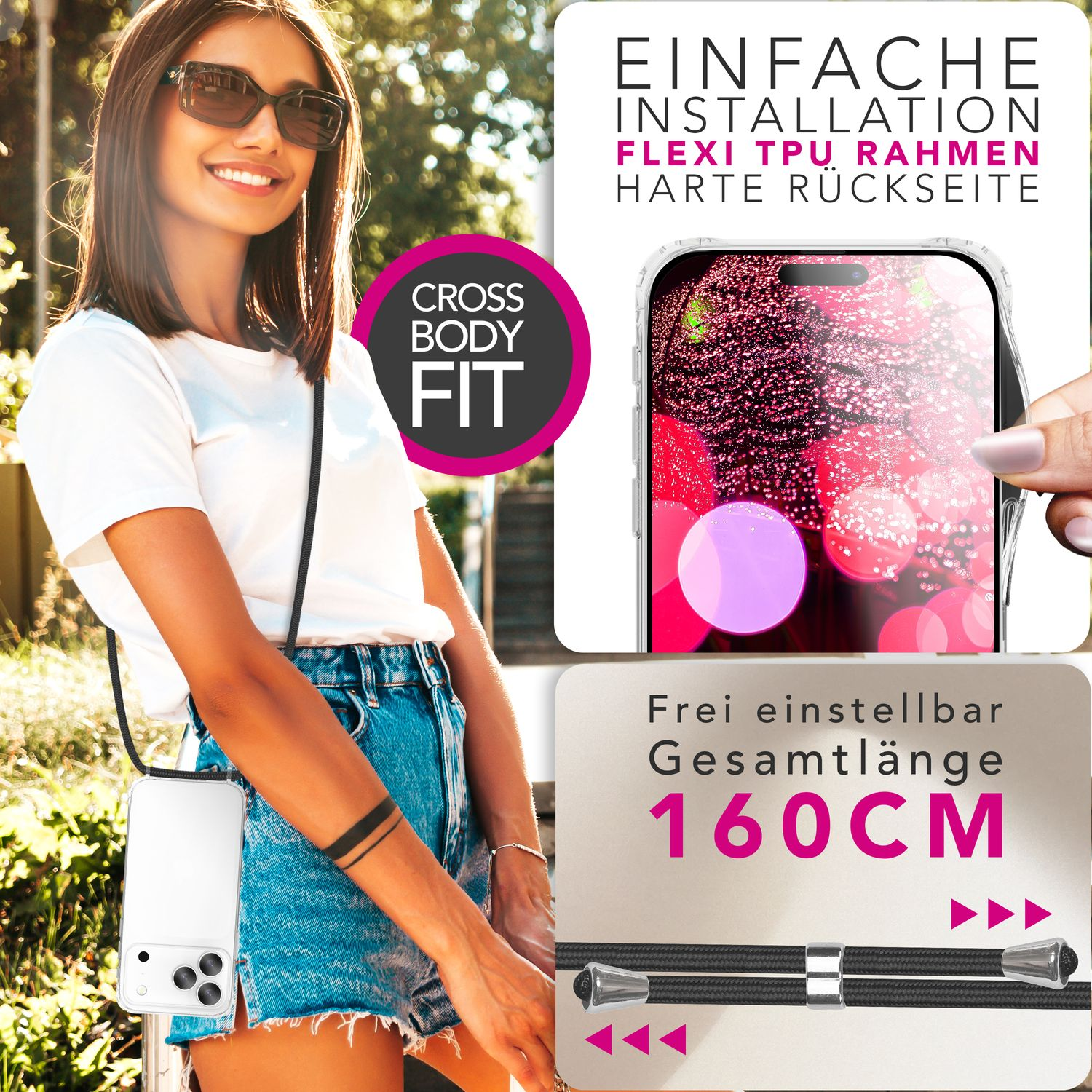 Frau mit Sonnenbrille lächelt, trägt eine Crossbody-Handyhülle. Informationstext zeigt Handyhüllen-Funktionen und einstellbare Länge 160cm.