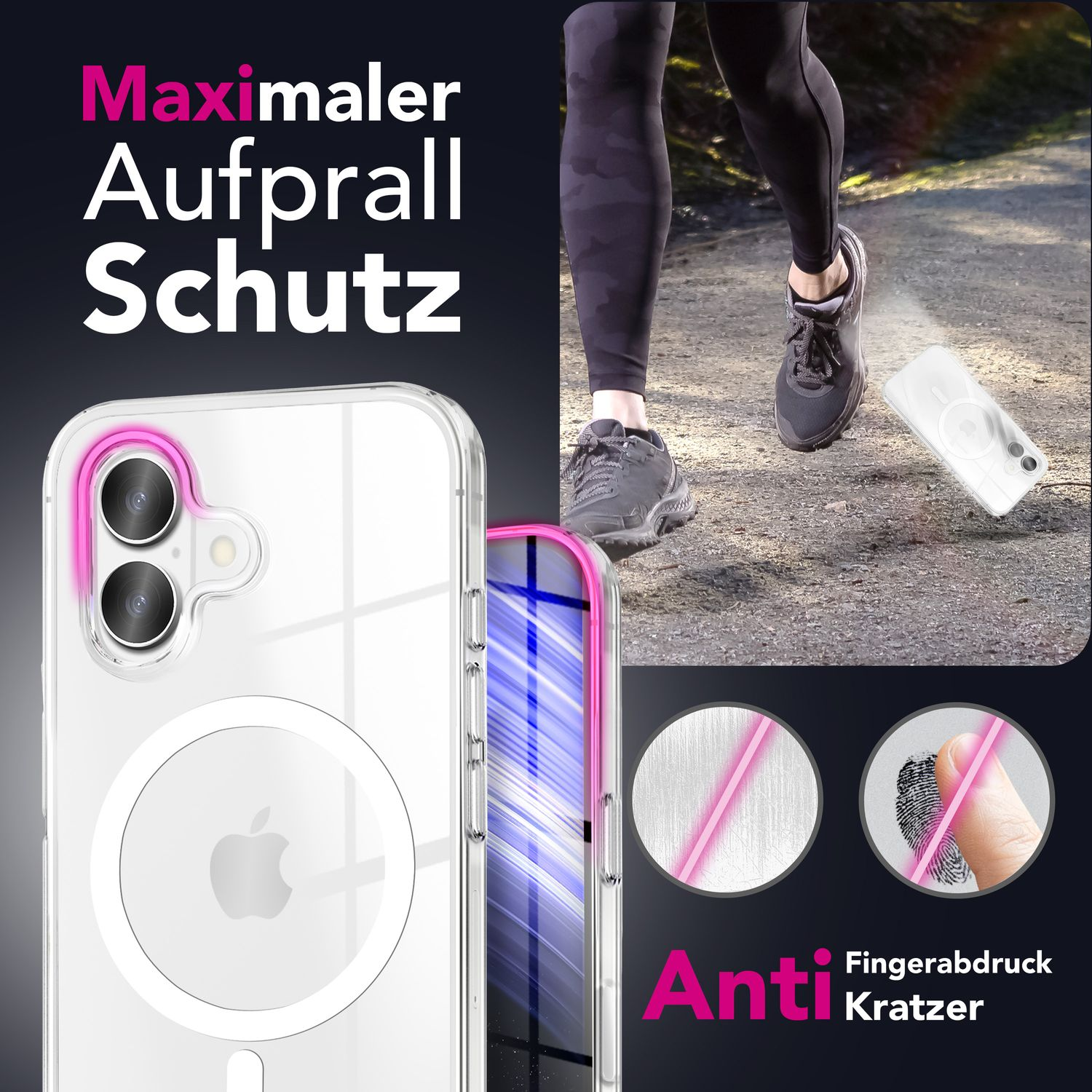 Das Bild zeigt eine Handyhülle mit einem Läufer im Hintergrund. Der Text lautet 'Maximaler Aufprall Schutz' und 'Anti Fingerabdruck Kratzer'.