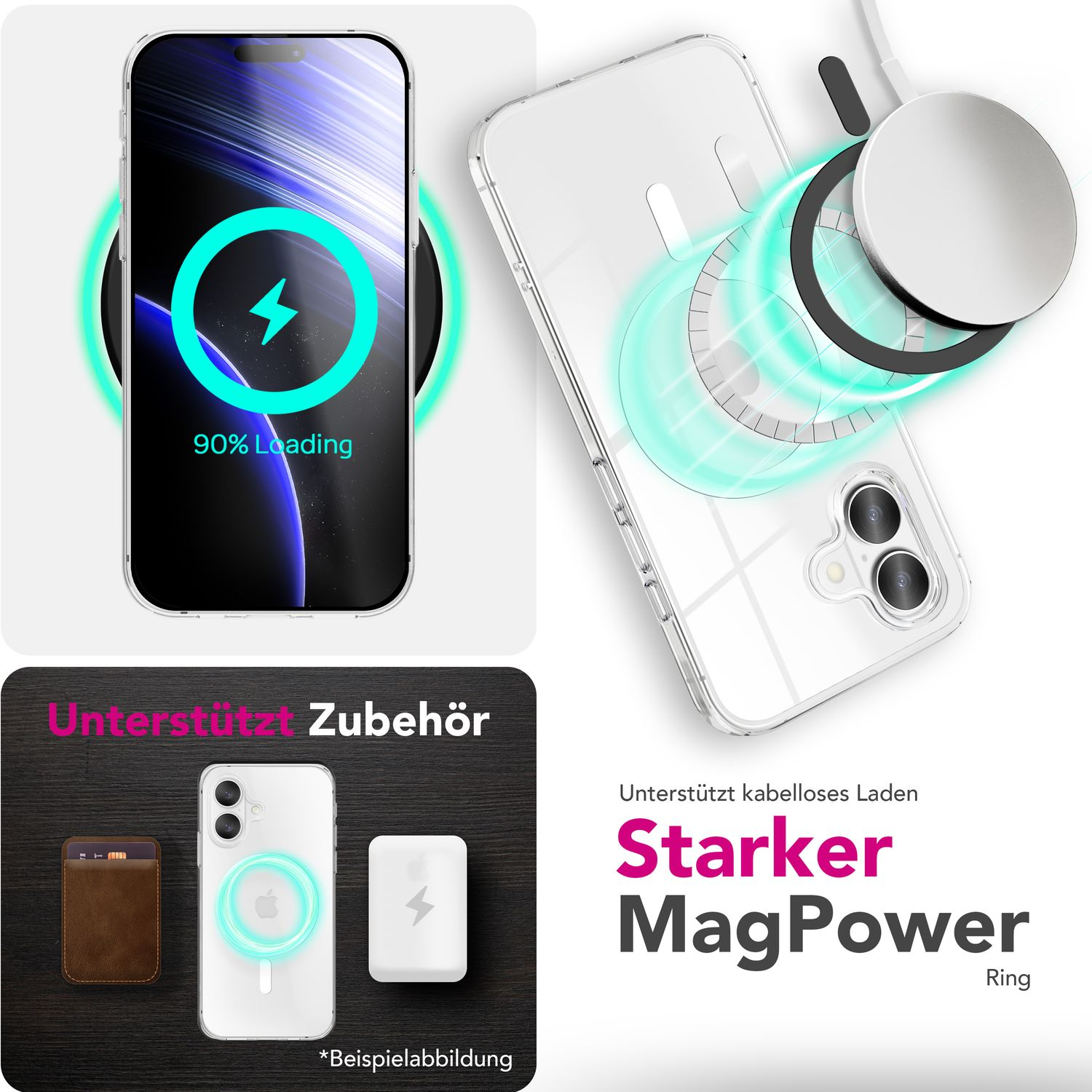Klare Handyhülle mit MagSafe-Ring, Telefon lädt mit 90%, Zubehör wie Kartenhalter und Ladegerät.