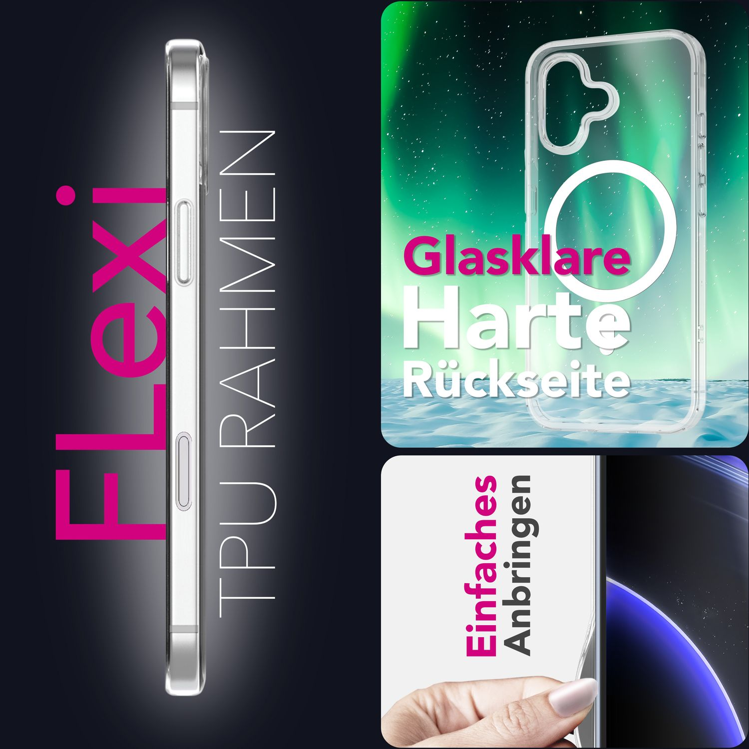 Eine Handyhülle mit durchsichtigem Rücken. Text sagt 'Flexi TPU Rahmen' und 'Einfach anzubringen'. Der Hintergrund hat einen grünen Aurora-Effekt.