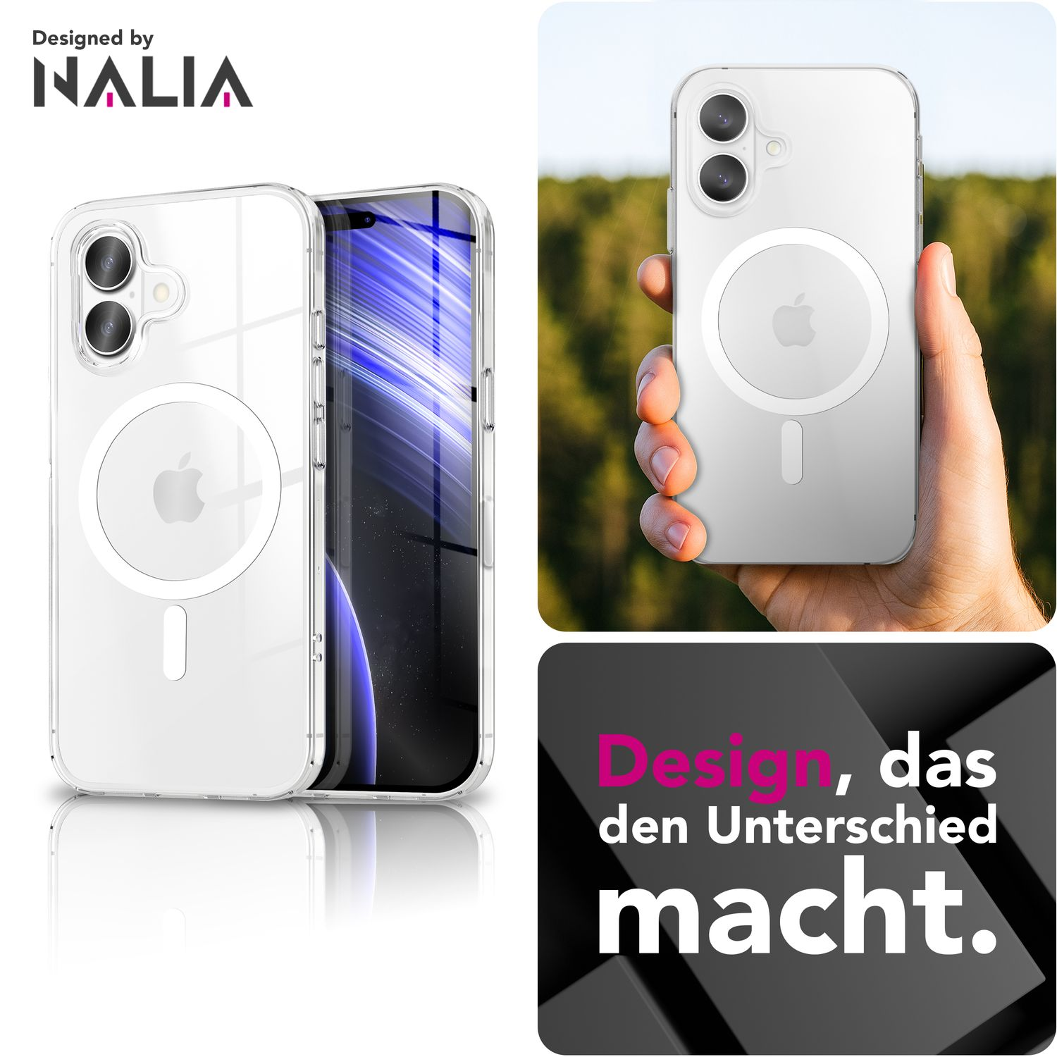 Transparente Handyhülle mit Apple-Logo. Eine Hand hält ein Telefon. Text: Design, das den Unterschied macht.