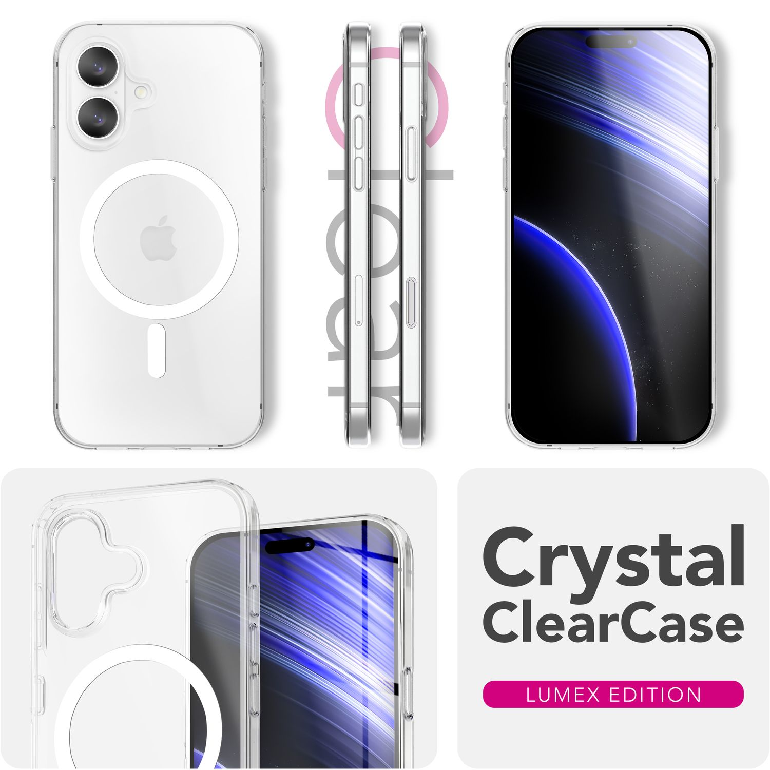 Transparente Handyhülle mit Handy-Mockups. Die Hülle hat ein weißes Apple-Logo und einen schwarzen Bildschirm. Text: "Crystal ClearCase".
