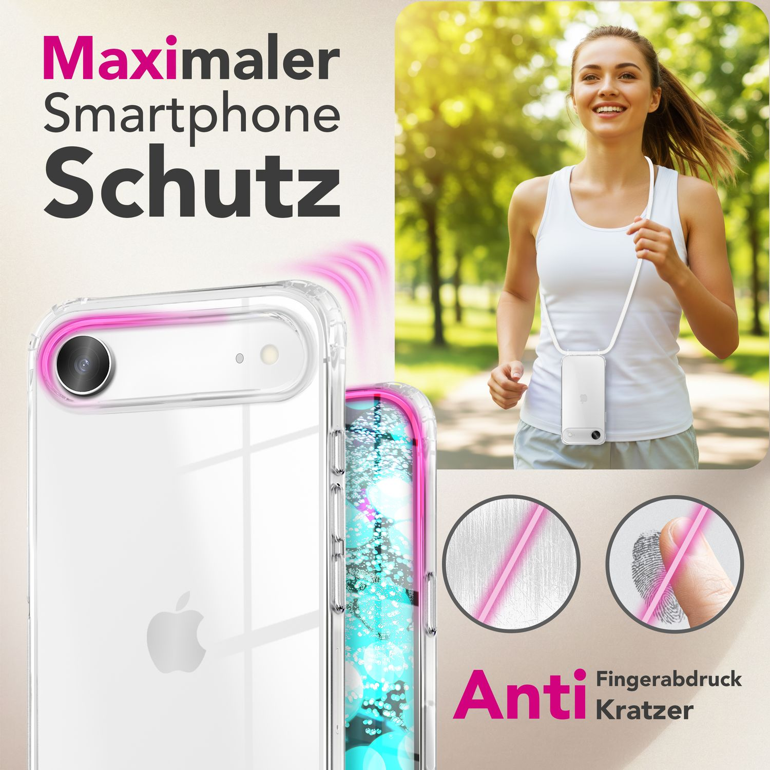 Frau, die mit Handyhülle läuft. Text: Maximaler Smartphone Schutz, Anti Fingerabdruck Kratzer. Handyhülle mit rosa Akzenten.