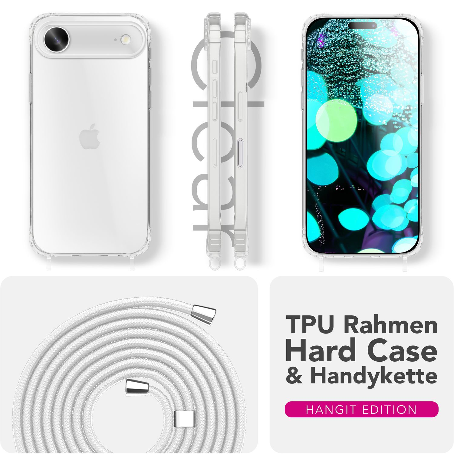 Transparente Handyhülle mit weißem Kordelband und einem Telefon mit blau-grünem Hintergrund. Text: 'TPU Rahmen Hard Case & Handykette'.