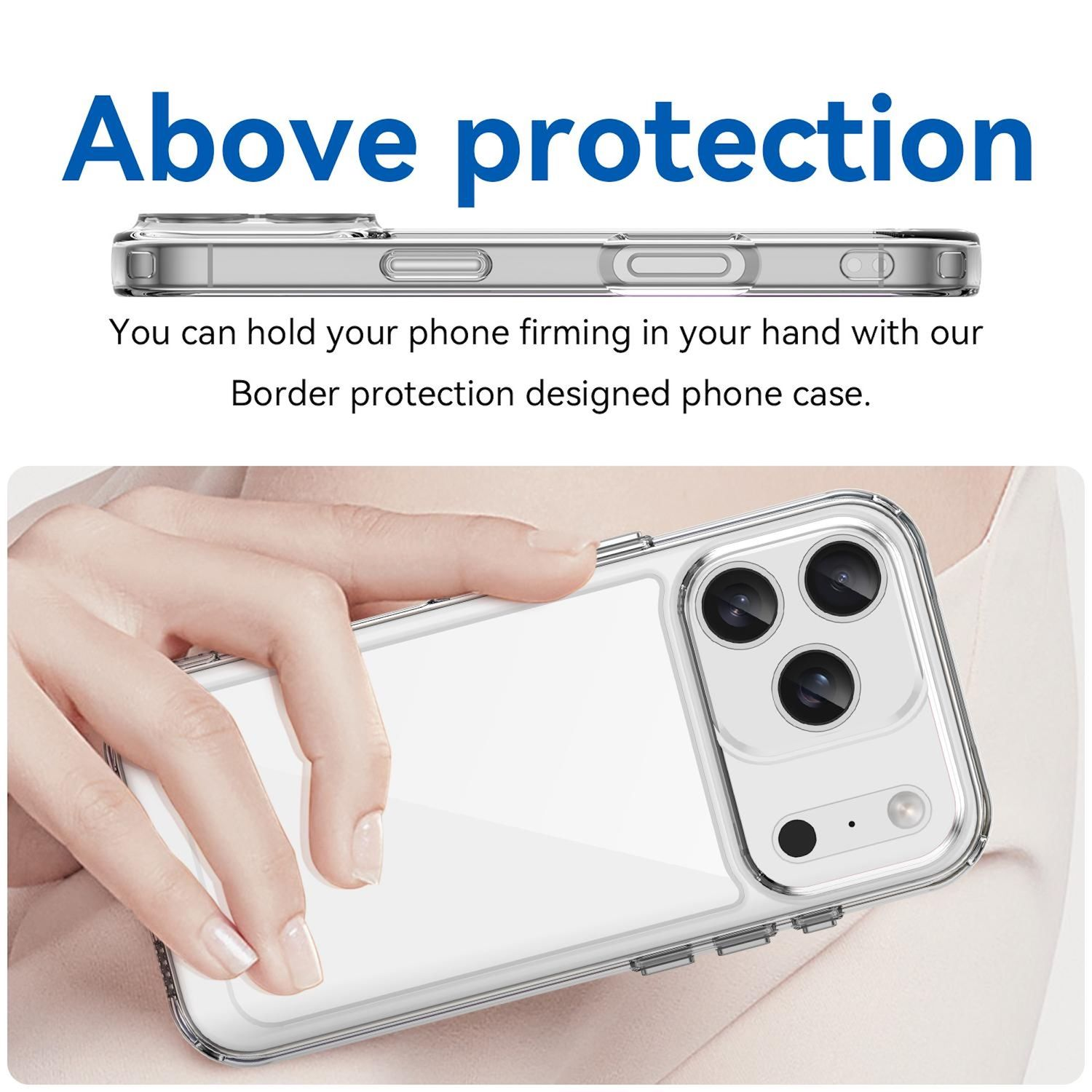 Eine Hand hält ein Telefon in einer durchsichtigen Handyhülle. Der Text oben lautet 'Above protection'. Die Handyhülle befindet sich auf einem rosafarbenen Hintergrund.