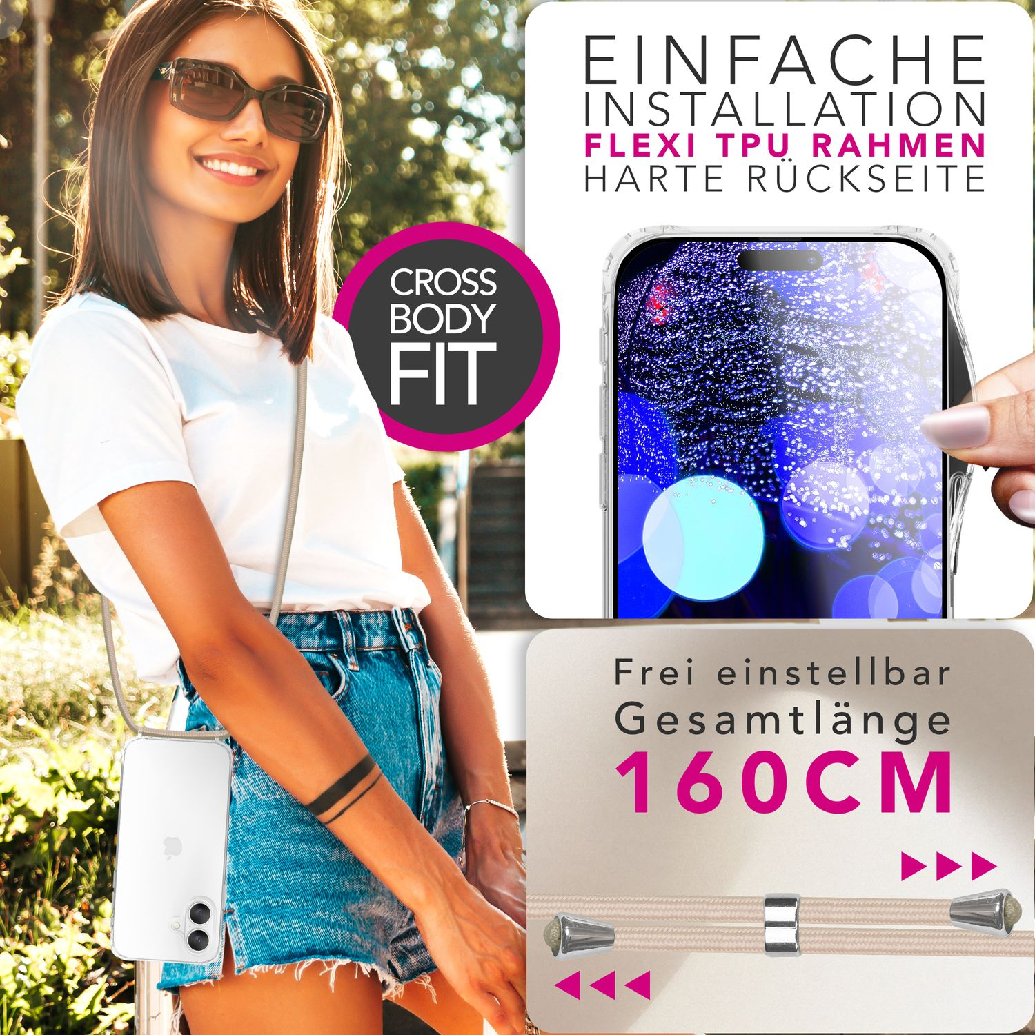 Eine Frau mit Sonnenbrille lächelt, hält ein Telefon in einer durchsichtigen Hülle mit einem Riemen. Text sagt 'Cross Body Fit' und Handyhülle Eigenschaften.