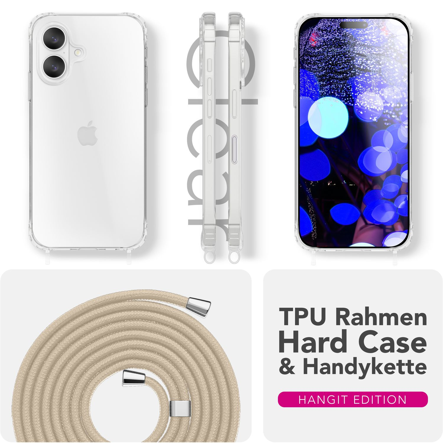 Klare Handyhülle, Seitenansicht und Bildschirm an. Unten ein beiger Handyriemen mit Text: TPU Rahmen Hard Case & Handykette.