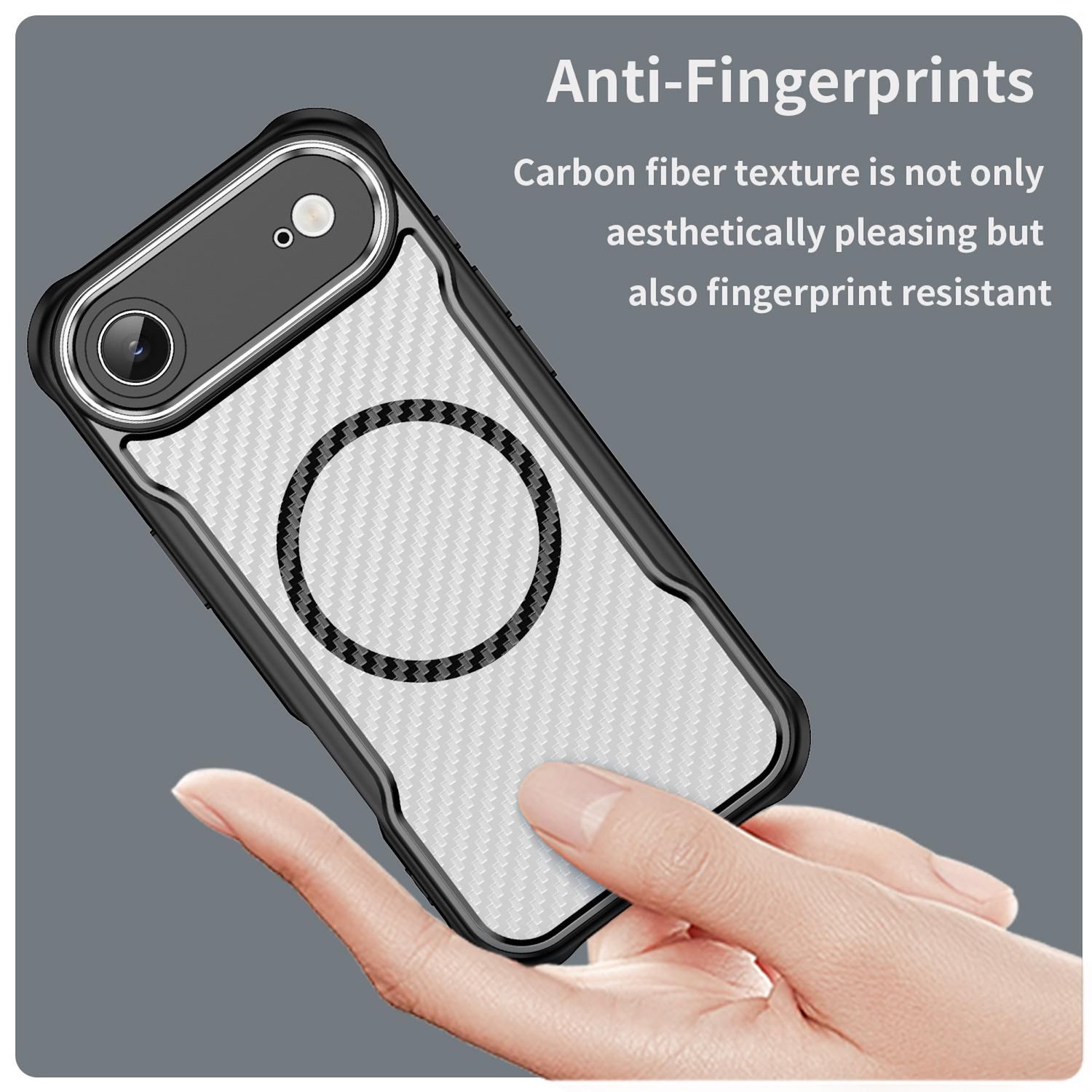 Eine Hand hält eine Handyhülle. Die Hülle hat eine Kohlefaserkonstruktion, einen schwarzen Rahmen und ein kreisförmiges Design, das Anti-Fingerabdruck zeigt.