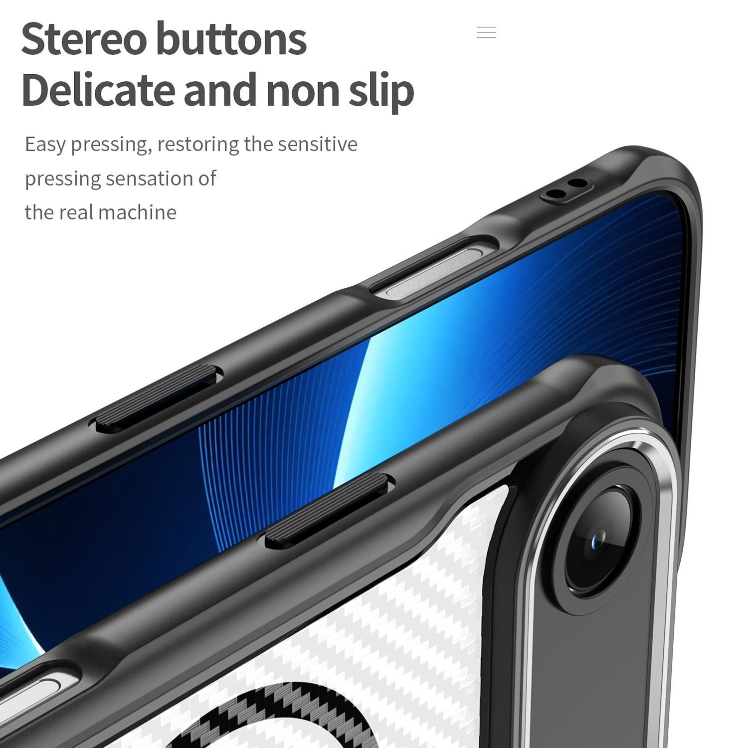 Nahaufnahme einer schwarzen Telefonhülle mit einem Kameraobjektiv. Die Hülle hat ein strukturiertes Muster und Stereotasten. Der Bildschirm zeigt ein blaues abstraktes Muster.