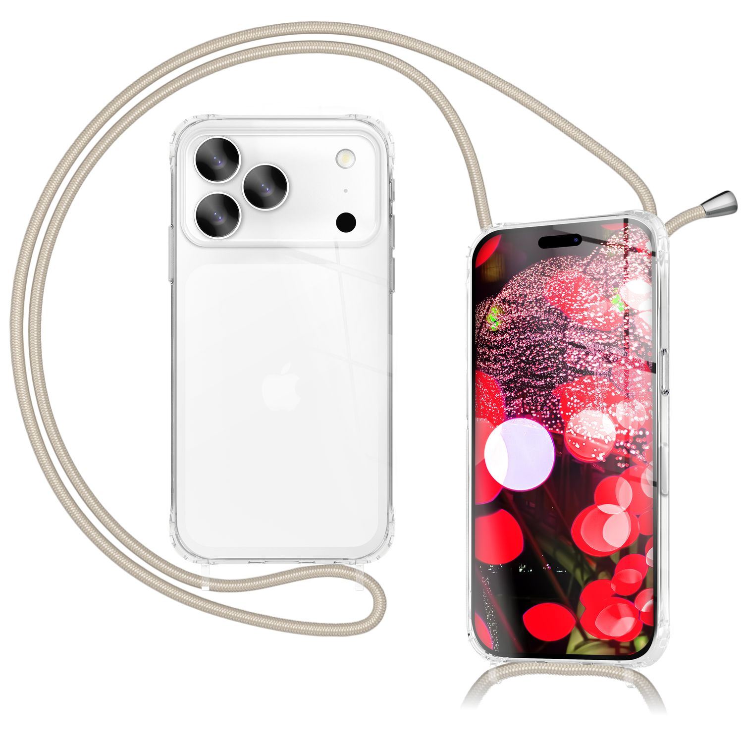 Zwei transparente Handyhüllen mit beigefarbenem Lanyard. Ein Telefon zeigt einen roten und weißen Bokeh-Effekt, das andere ist leer.