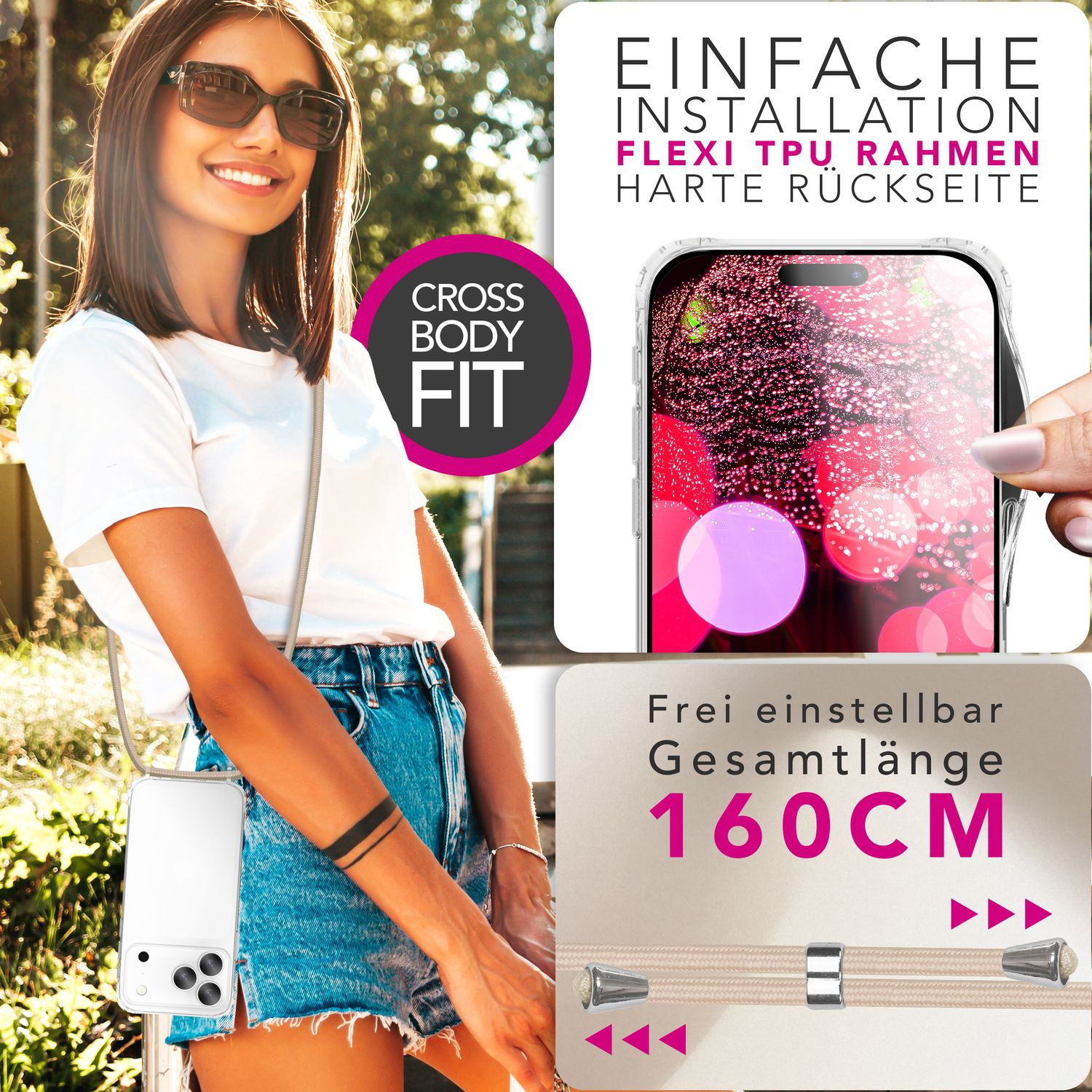 Eine lächelnde Frau mit Sonnenbrille hält eine Handyhülle mit Trageriemen. Die Handyhülle ist weiß. Hintergrund hat Text über das Produkt.