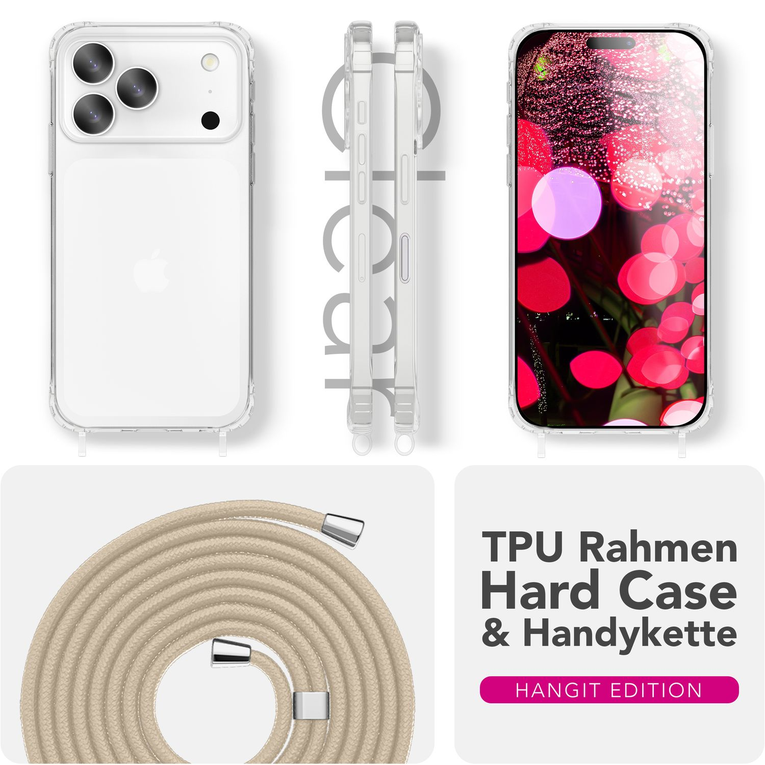 Eine weiße Handyhülle mit Kordel, aus verschiedenen Blickwinkeln gezeigt. Das Telefon zeigt einen bunten Hintergrund. Text: 'TPU Hard Case'.