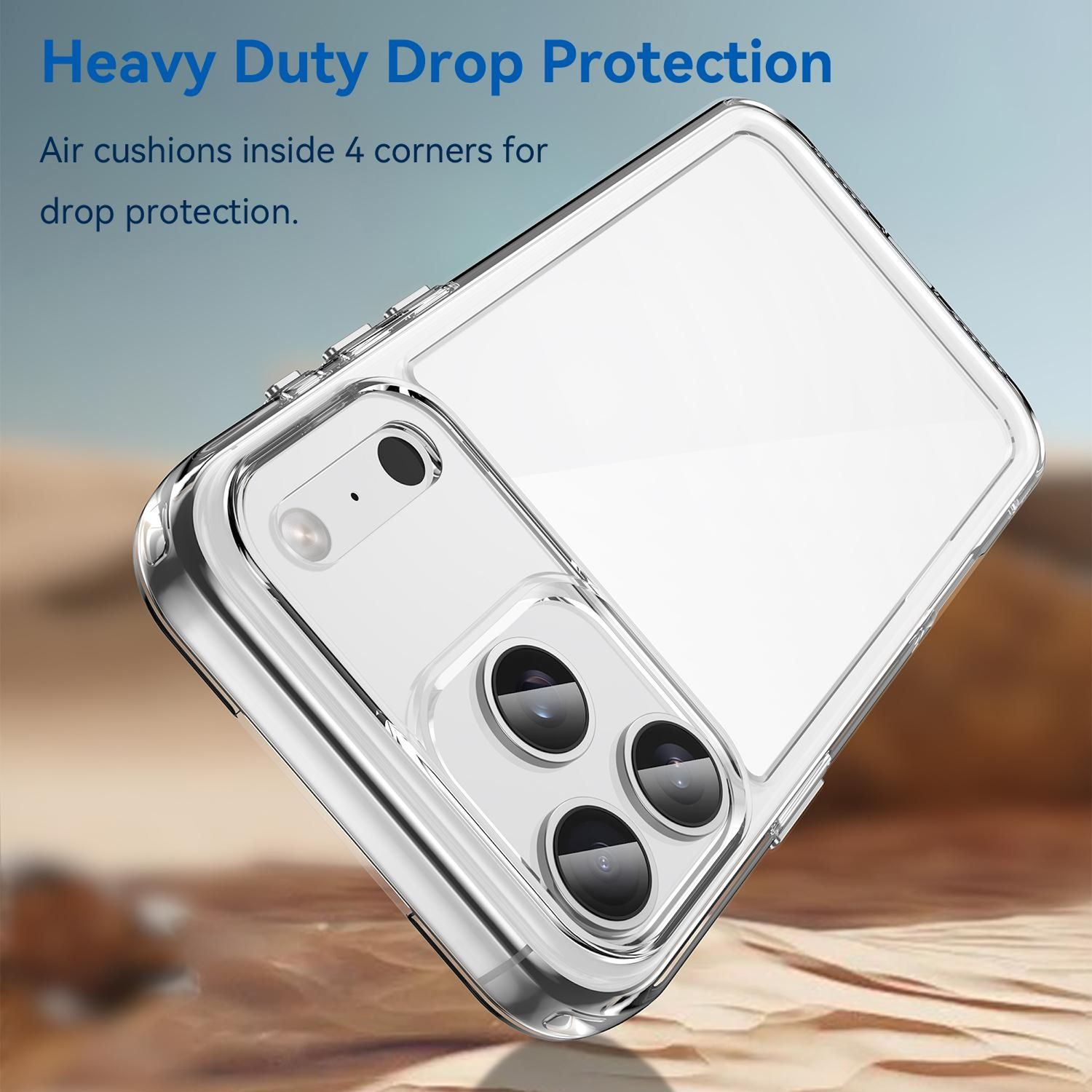 Transparente Handyhülle mit Kameralinsen. Text: Heavy Duty Drop Protection. Luftkissen in 4 Ecken für Fallschutz.