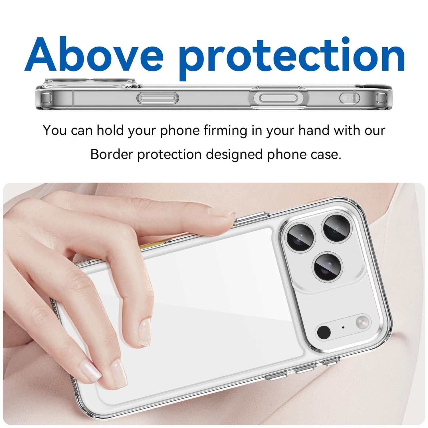 Eine Hand, die eine transparente Handyhülle auf rosa Hintergrund hält, mit dem Schriftzug 'Above protection' oben.