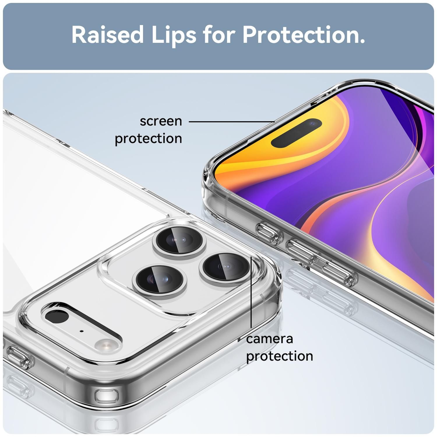Nahaufnahme von zwei durchsichtigen Handyhüllen, eine mit einem iPhone. Etiketten zeigen Bildschirm- und Kameraschutzfunktionen.