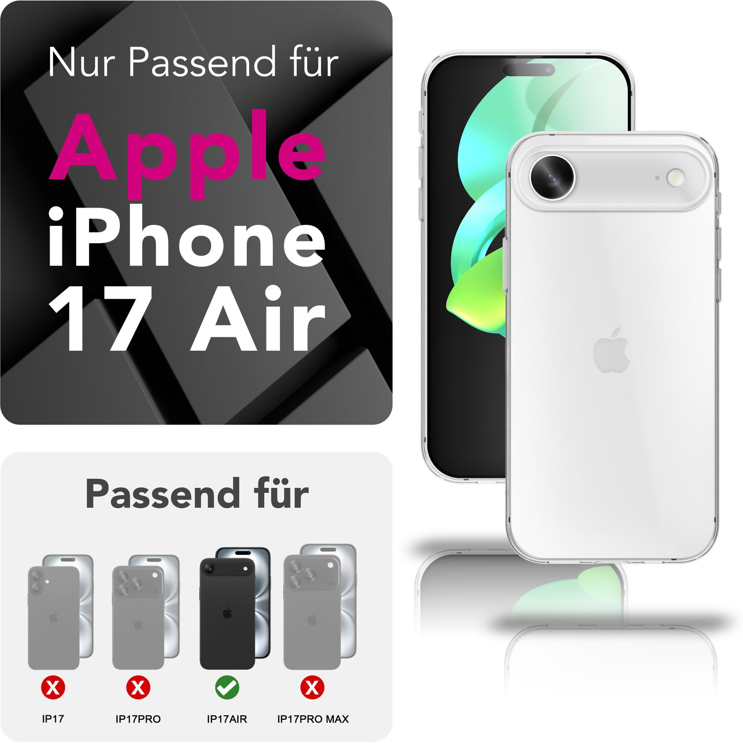 Una custodia per iPhone 17 Air in una custodia trasparente e un grafico che mostra la compatibilità con diversi modelli.