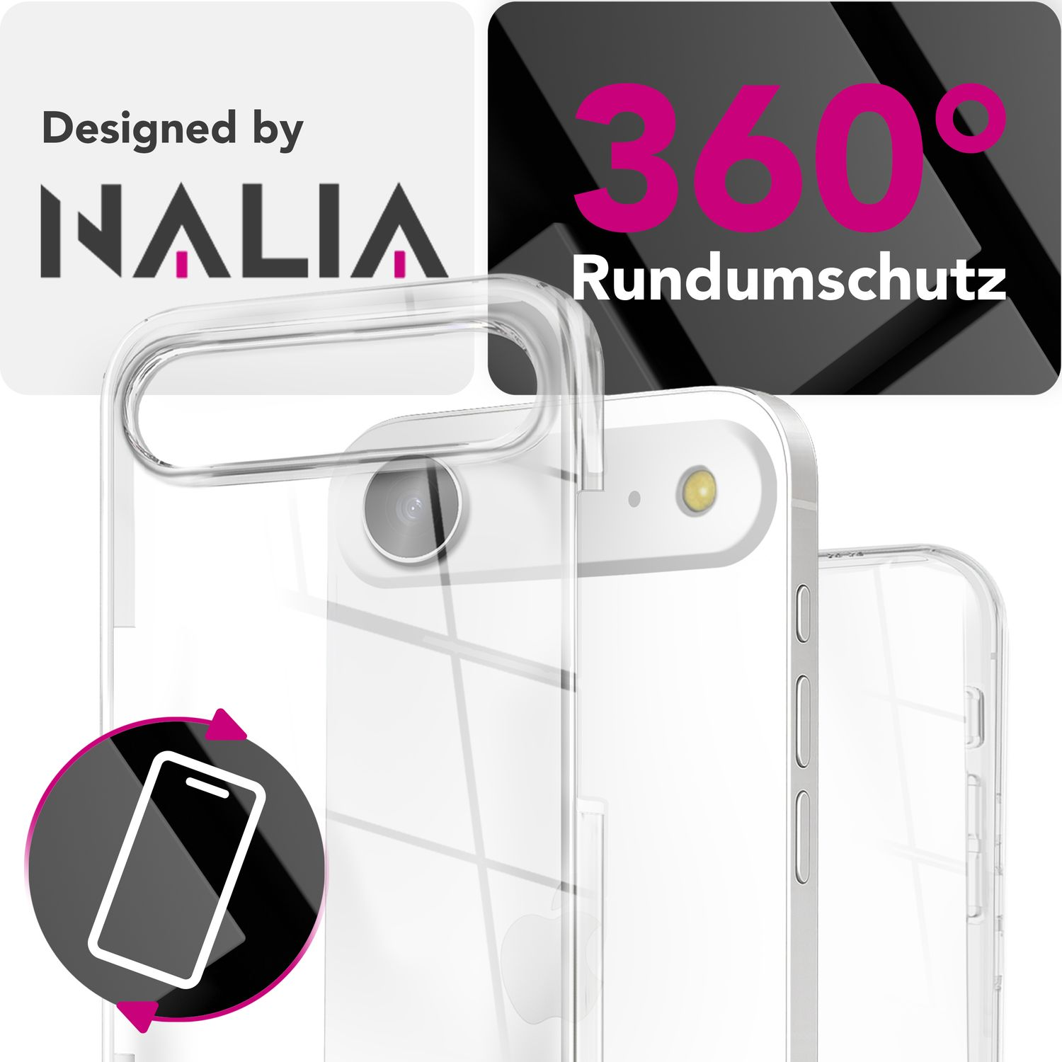 Custodia trasparente per telefono su sfondo bianco con il marchio NALIA e un logo 360 Rundumschutz.