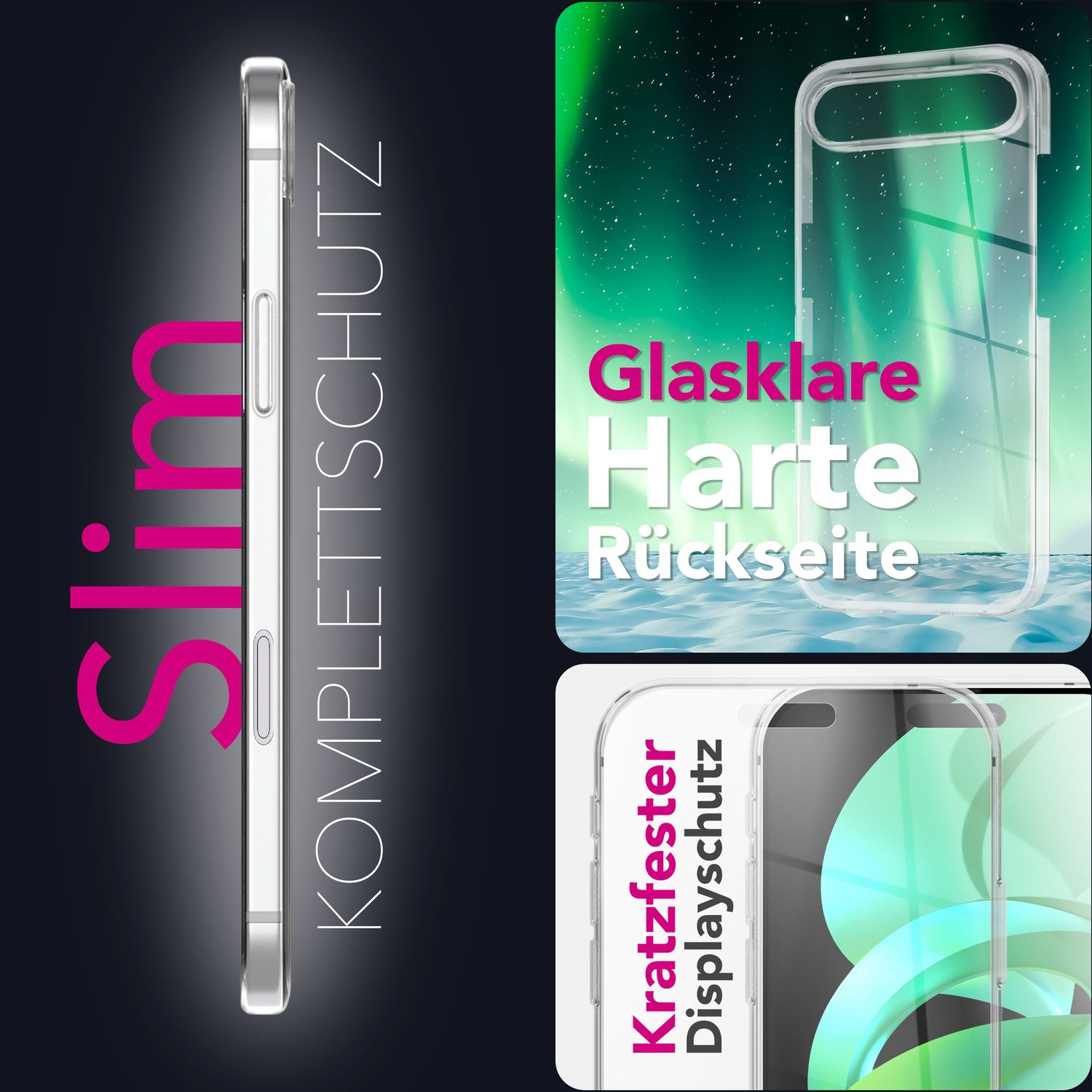 L'immagine mostra una custodia per telefono con il testo 'Slim Komplettschutz'. Altri testi includono 'Glasklare Harte Rückseite' e 'Kratzfester Displayschutz'.