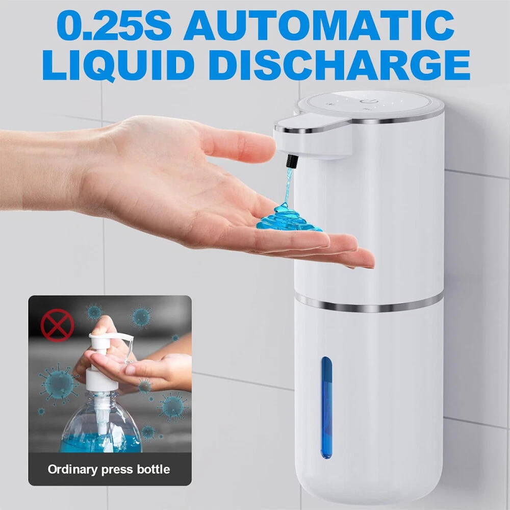 Eine Hand empfängt blaue Flüssigkeit von einem weißen automatischen Seifenspender. Ein kleines Bild zeigt eine gewöhnliche Druckflasche.