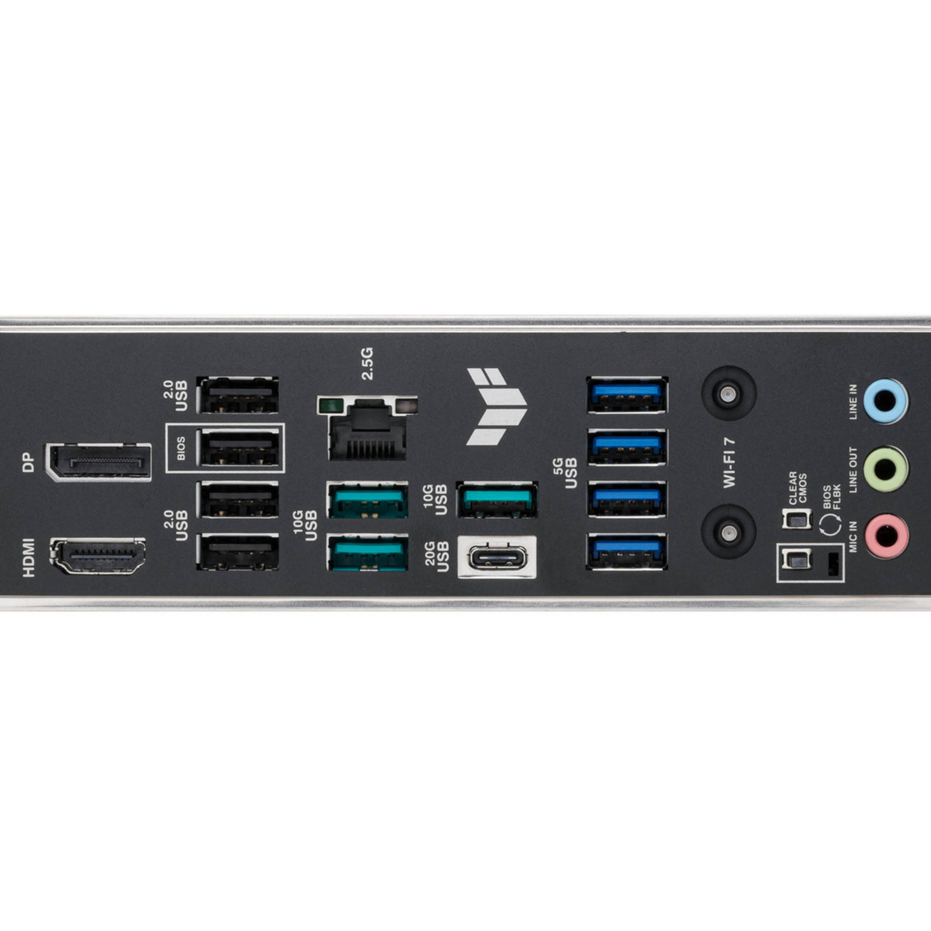 Pannello posteriore di una scheda madre del computer. Le porte includono HDMI, USB, jack audio e connessioni di rete.