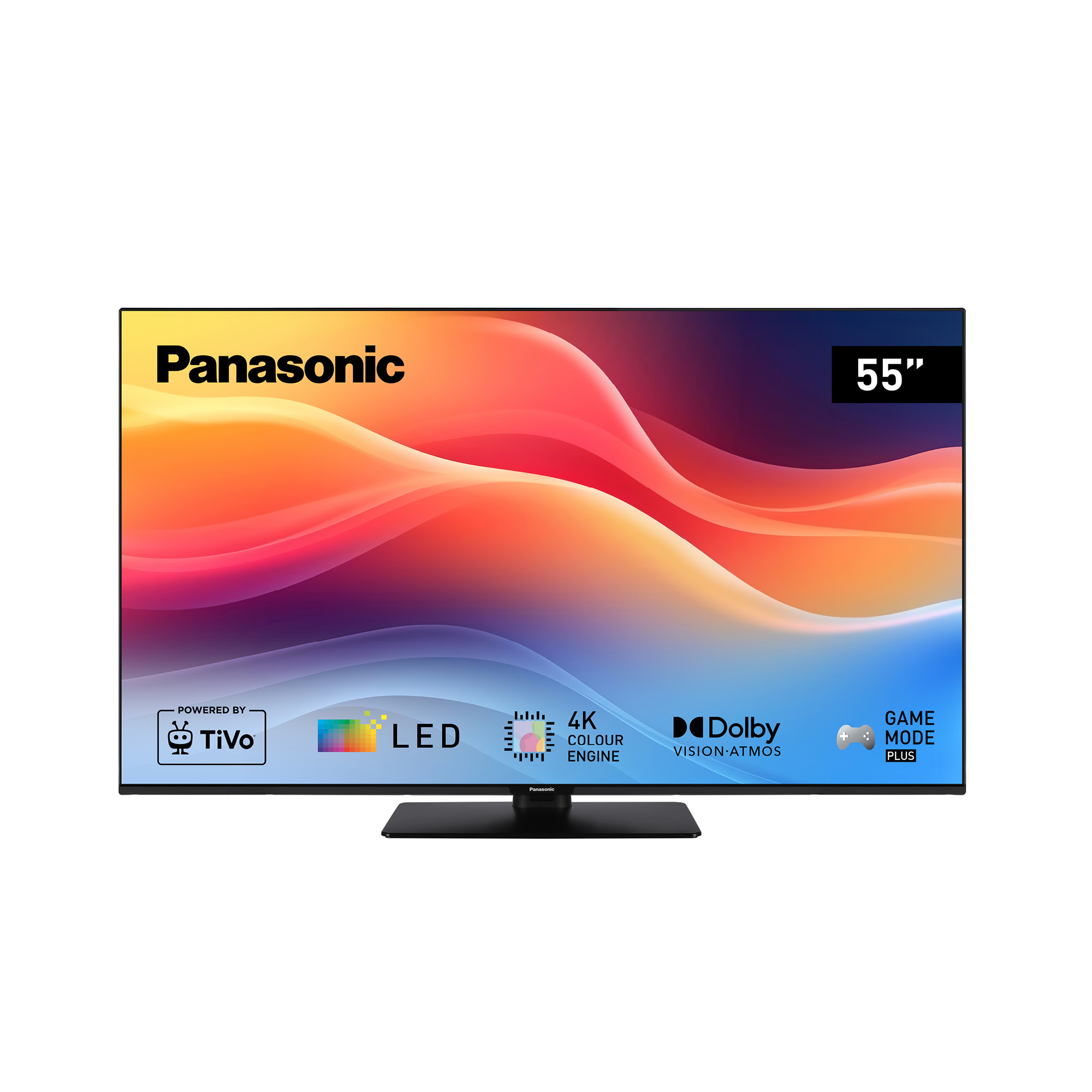 TV LED Panasonic 55". Include TiVo, 4K, Dolby Vision e Game Mode Plus. Sfondo astratto colorato.