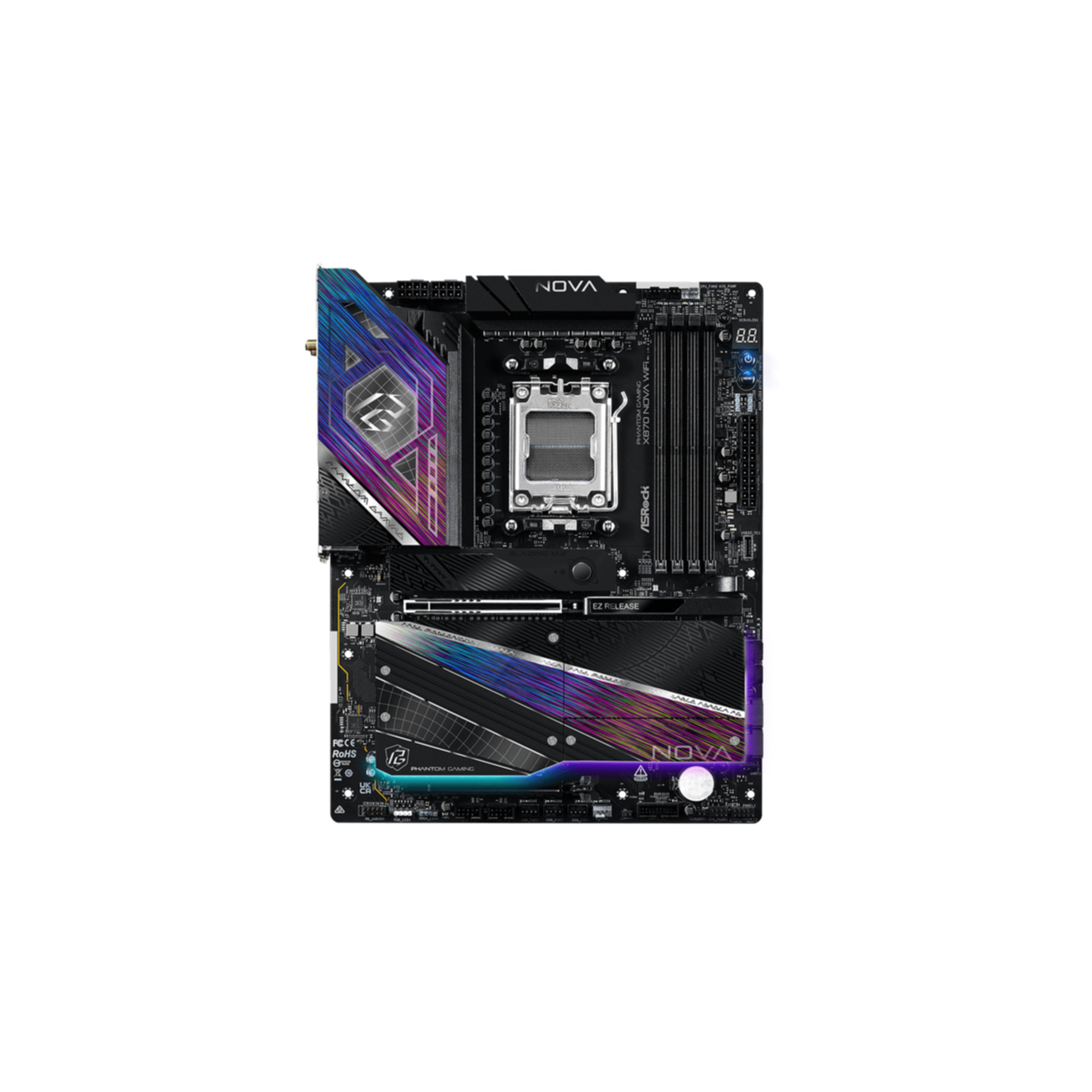 Płyta główna komputera, czarna z kolorowymi akcentami. Posiada gniazdo CPU, gniazda rozszerzeń i logo Nova.