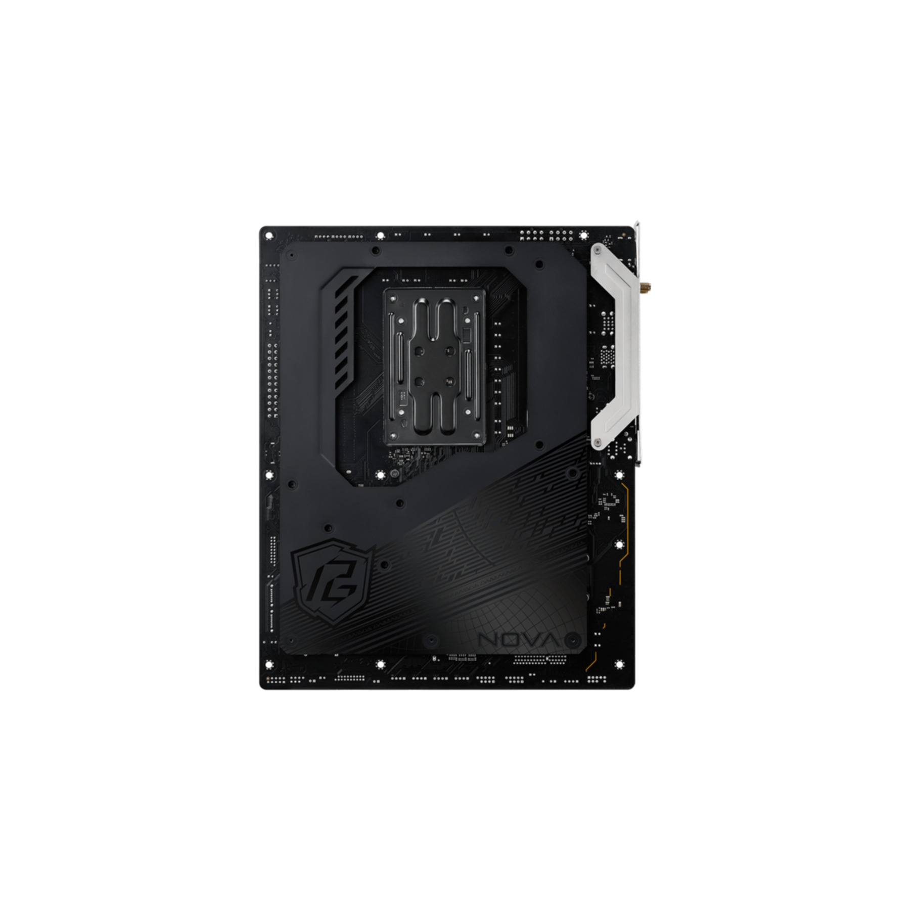 Czarna płyta główna komputera na białym tle. Pokazuje różne komponenty i złącza.