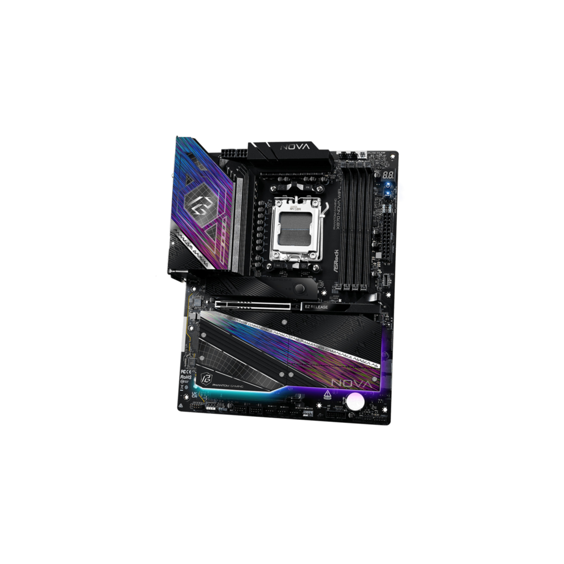 Płyta główna komputera z kolorowymi akcentami. Posiada markę 'NOVA'. Ma gniazdo procesora centralnego.