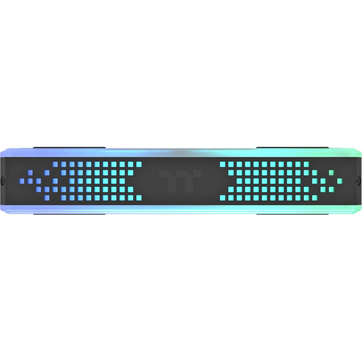 Un dispositivo rettangolare con un centro nero e un display luminoso. Il display ha luci blu e verdi, con il logo al centro.