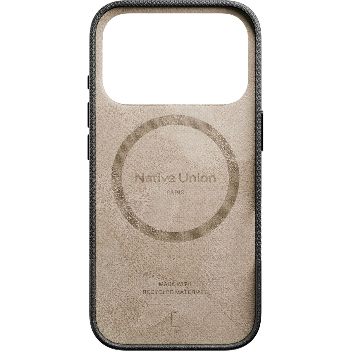 Eine Handyhülle mit beigem Innenraum und schwarzem Rahmen. Das Native Union Logo ist sichtbar. Sie besteht aus recycelten Materialien.