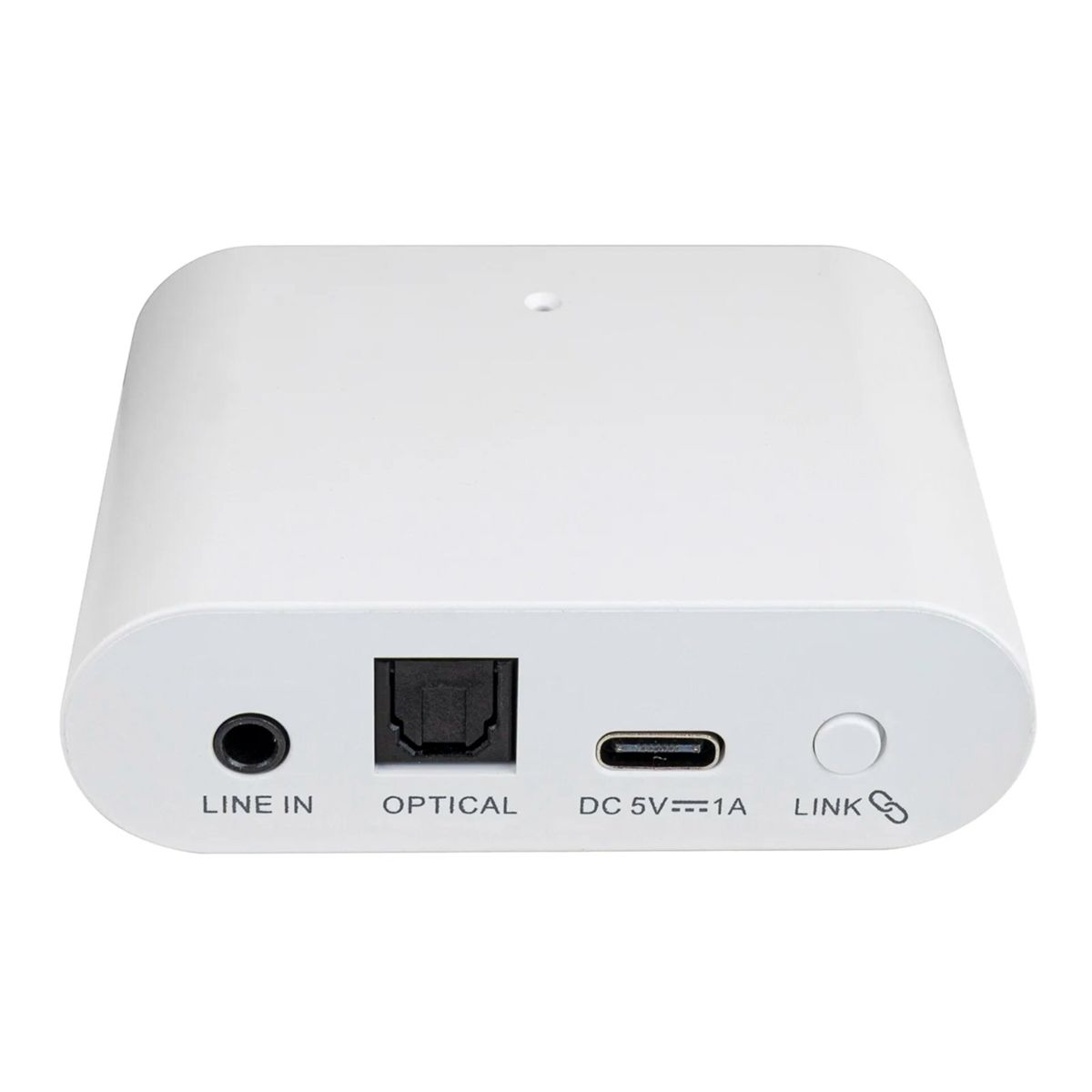 Un dispositivo elettronico bianco. Ha porte con etichette: Line In, Optical, DC 5V e Link. Un piccolo foro in alto.