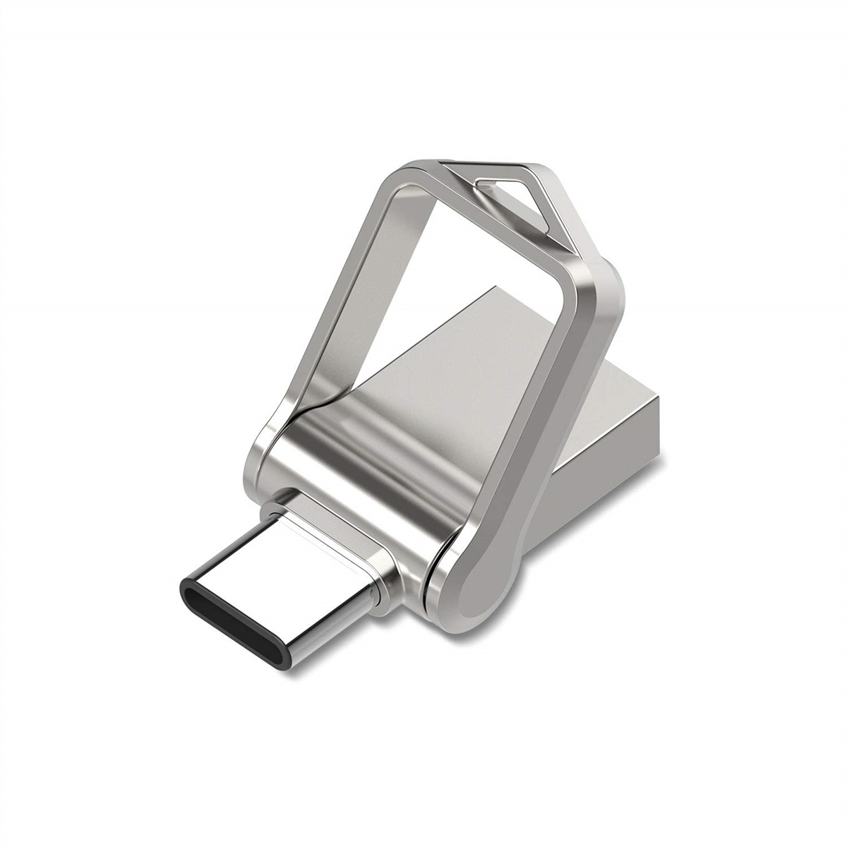 Ein silberner USB-C-Flash-Speicher mit Griff. Der Stick ist rechteckig mit einem USB-C-Anschluss. Der Griff ist eine silberne Schlaufe.