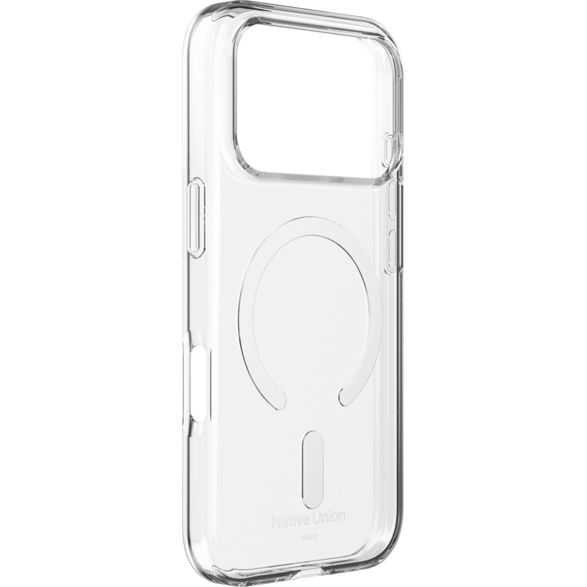 Una custodia trasparente per telefono, con un design magnetico circolare e il logo 'Native Union PARIS' in basso.
